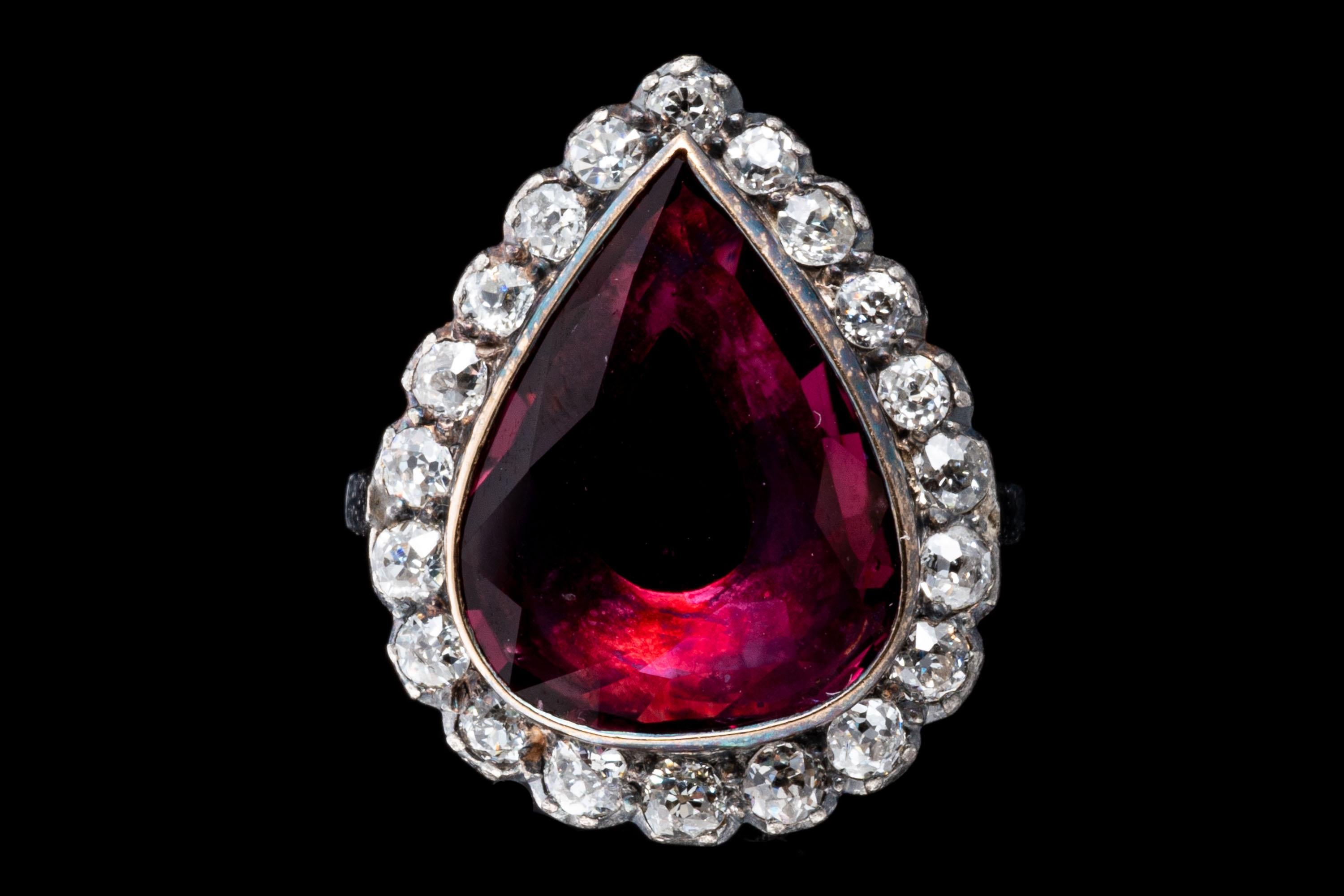 10k White Gold Vintage Pear Ruby and Old Mine Cut Diamond Halo Ring For Sale 3