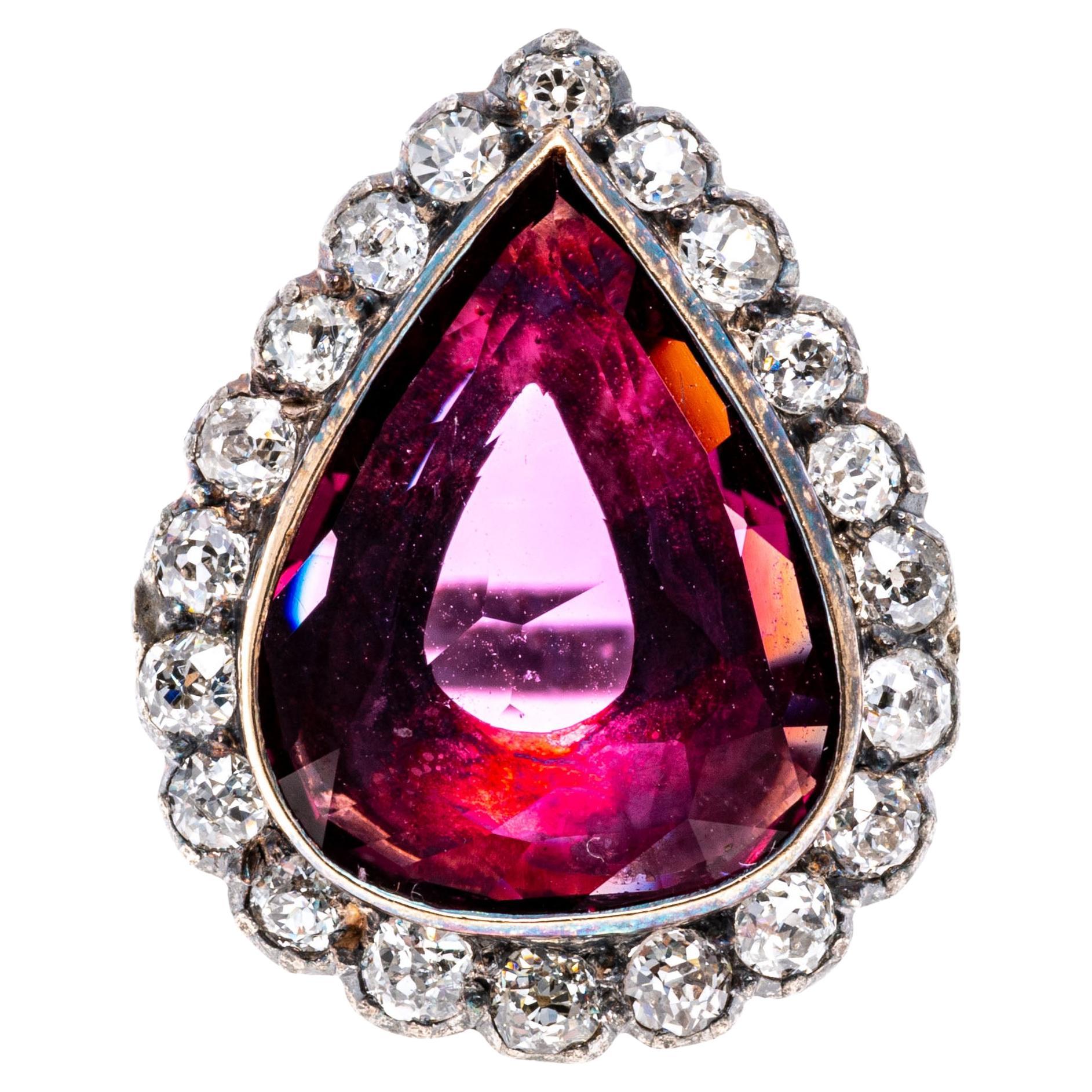 10k White Gold Vintage Pear Ruby and Old Mine Cut Diamond Halo Ring For Sale