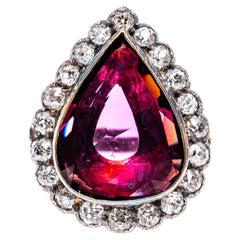 10k White Gold Vintage Pear Ruby and Old Mine Cut Diamond Halo Ring