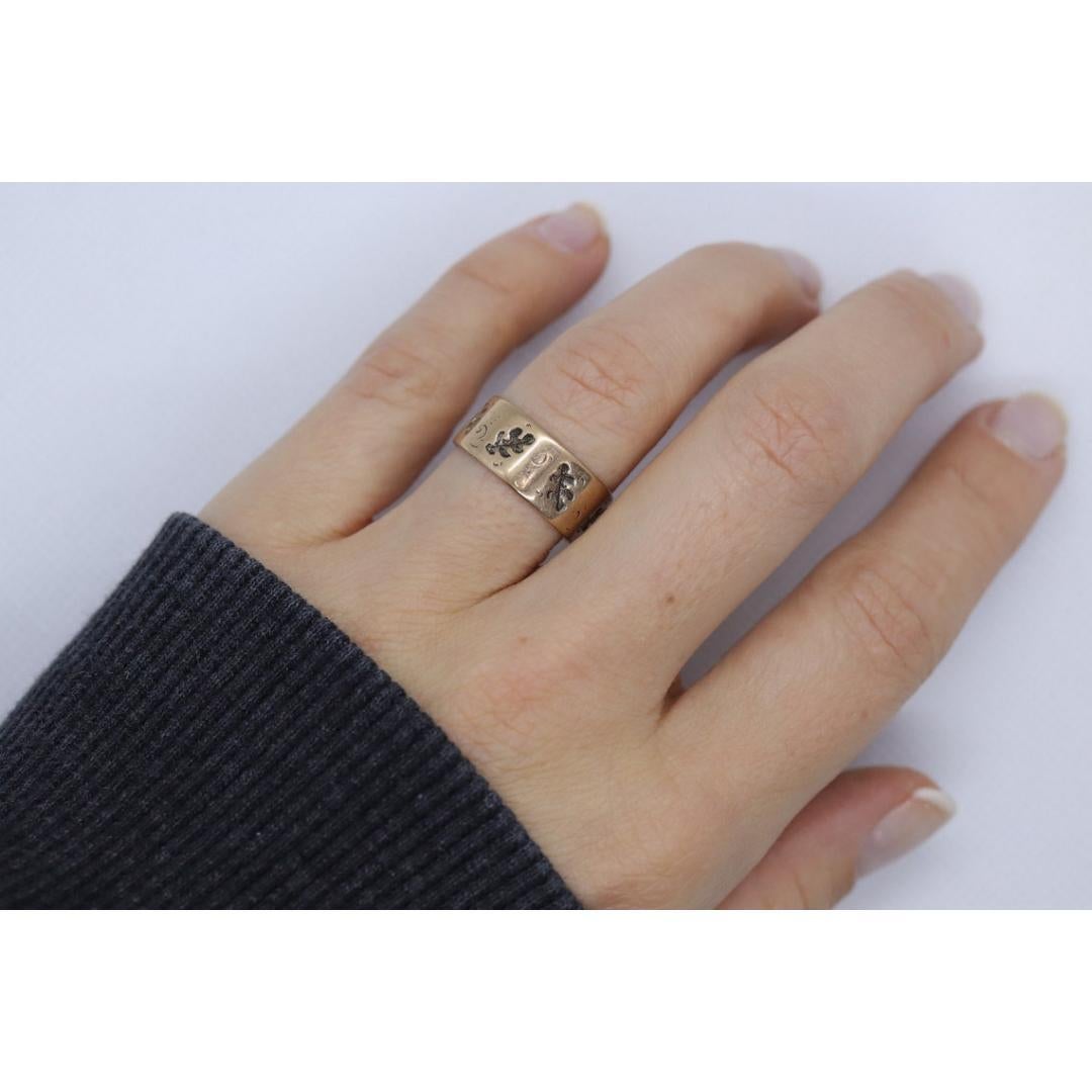 10k Wide Cigar band. Rose Gold Vintage Embossed Maple Oak Leaf design. 7.5mm For Sale 4