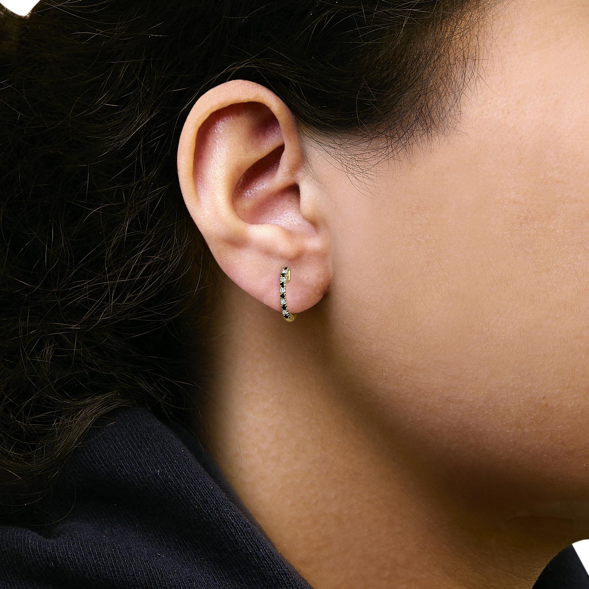 Pendientes Aros Alternados Zafiro Azul Amarillo 10K 1/10 Cttw Diamante Corte redondo en venta