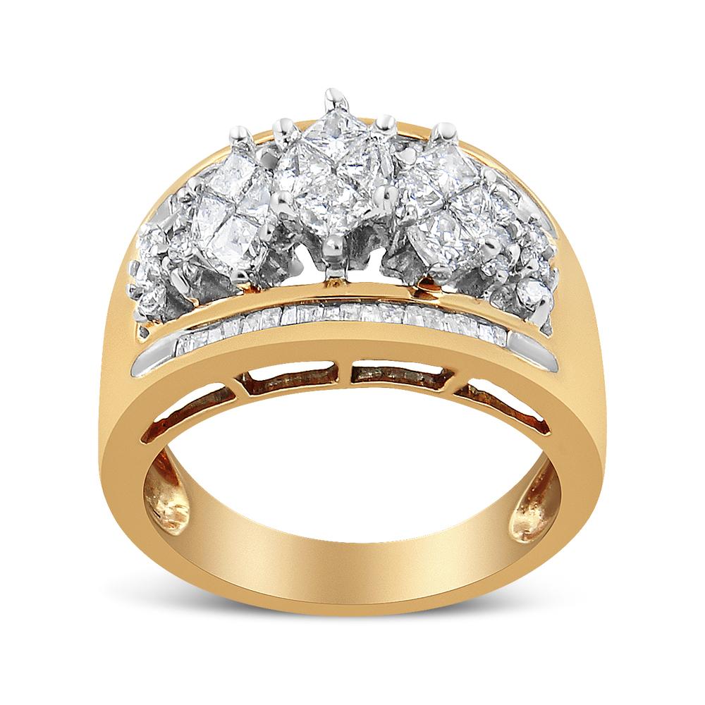 Glamorous and eye-catching, this stunning 1 1/2 c.t. cocktail ring has a gold band that splits at the center to showcase a cluster of natural pie and round-cut diamonds. Baguette-cut diamonds embellish the band in white gold. The piece is crafted in