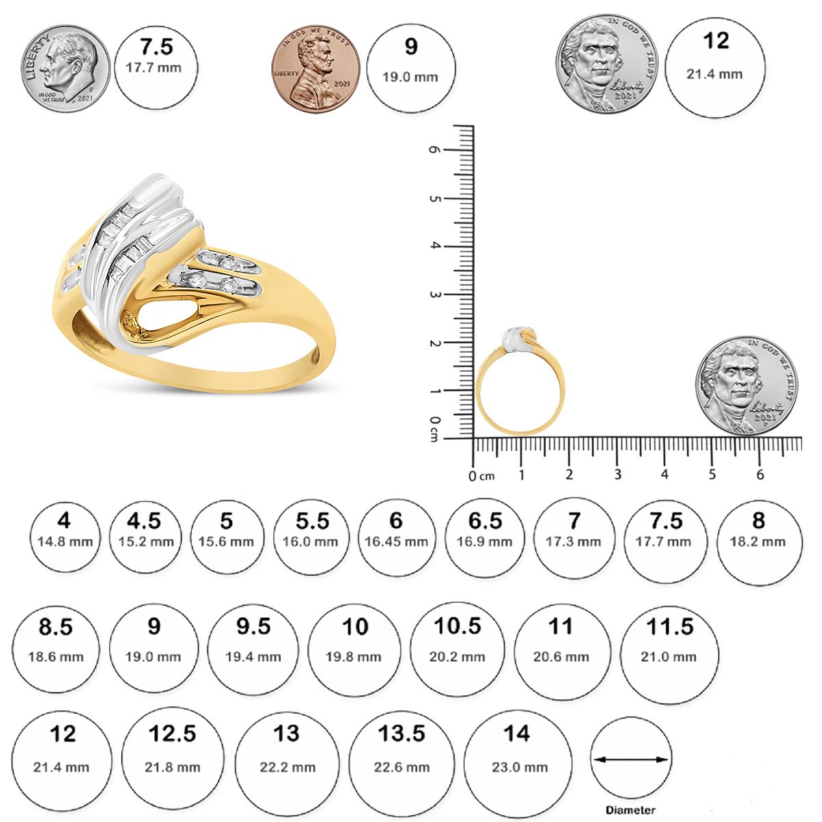 Women's 10K Yellow and White Gold 1/10 Carat Baguette and Round-Cut Diamond Bypass Ring For Sale