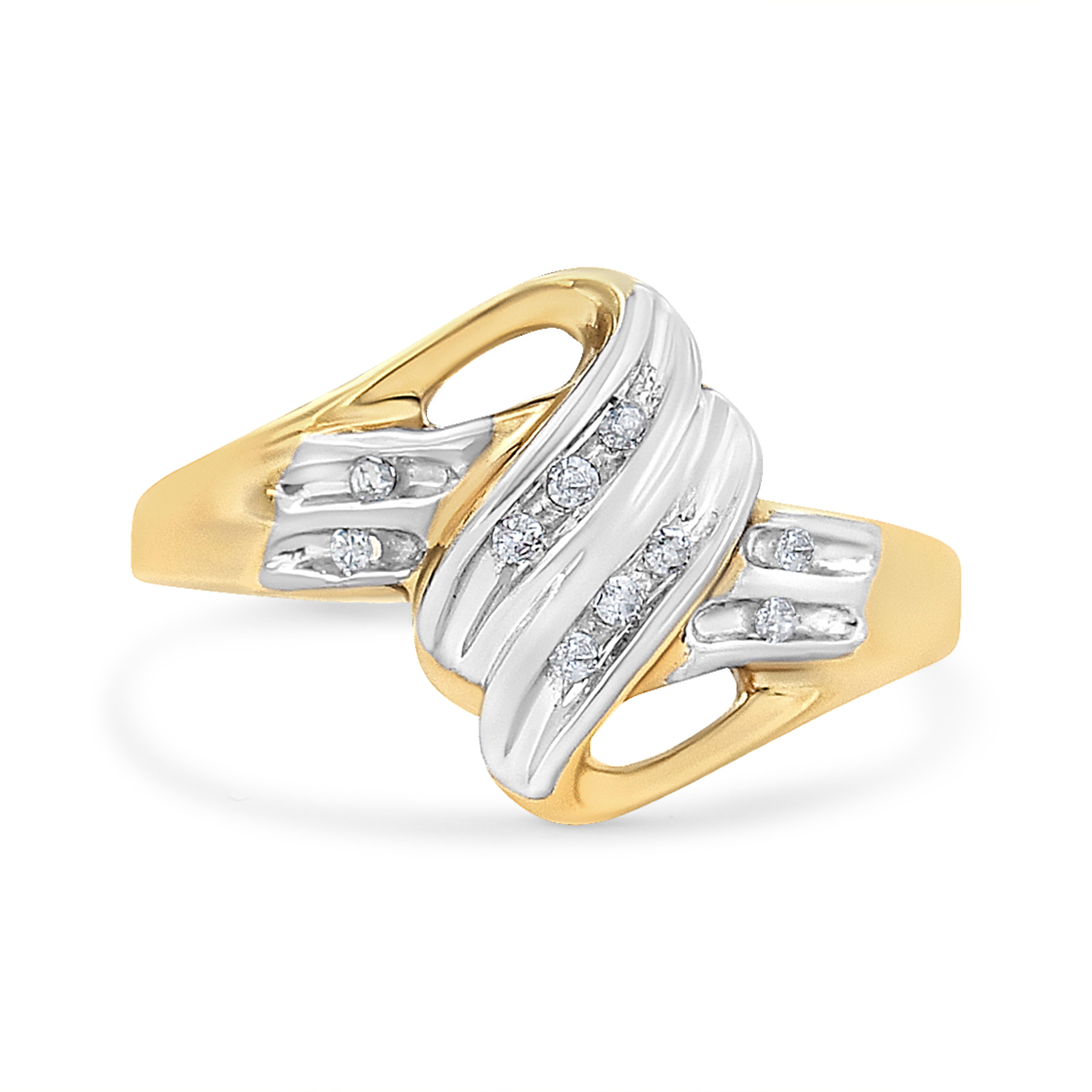 Elevate your style with this intricately designed 10k gold diamond ring. The yellow band has a white gold cross over design at the center, and is embellished with natural, round-cut diamonds. The diamonds have a total carat weight of 1/15 cttw and
