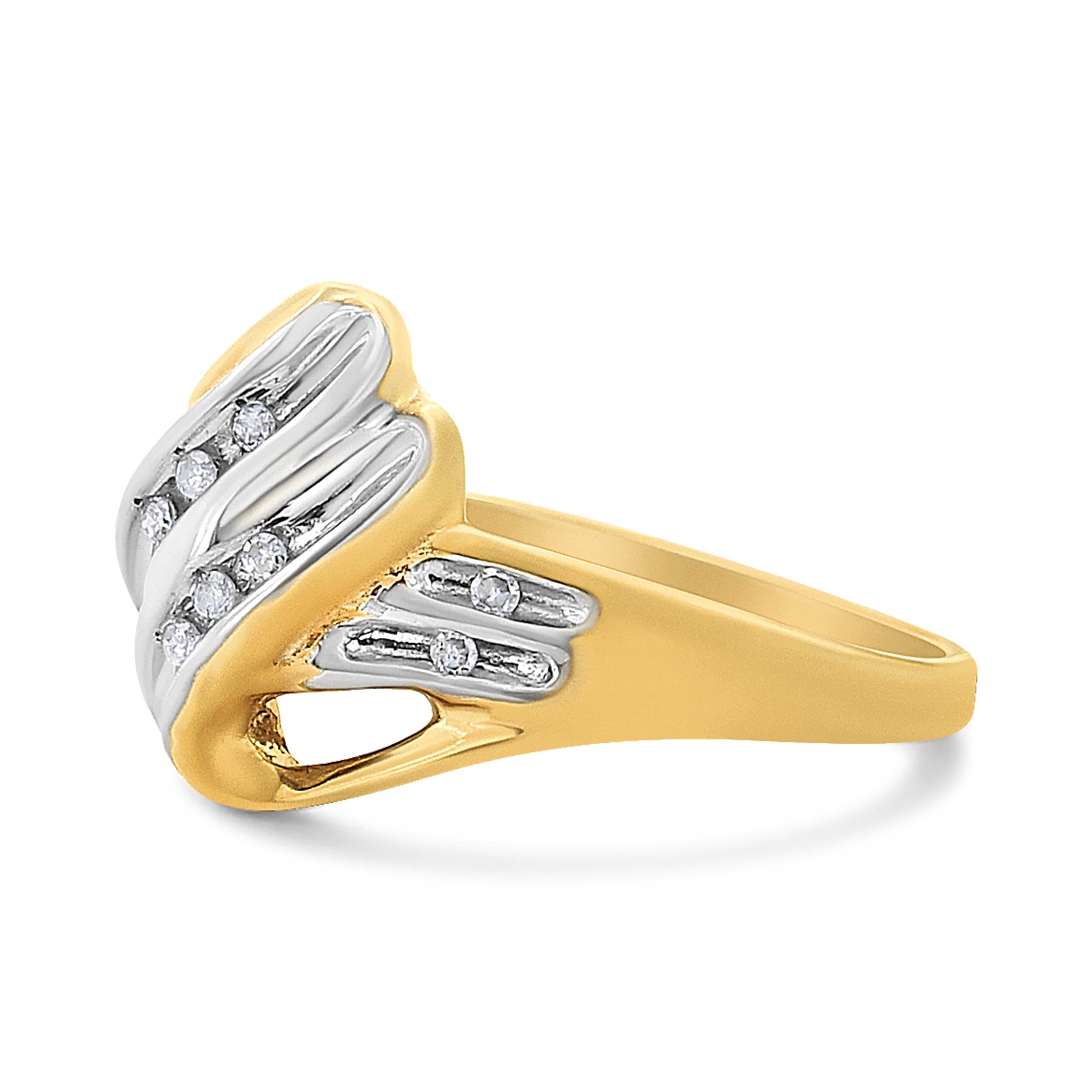 Modern 10K Yellow and White Gold 1/15 Carat Round-Cut Diamond Bypass Ring- Size 7 For Sale