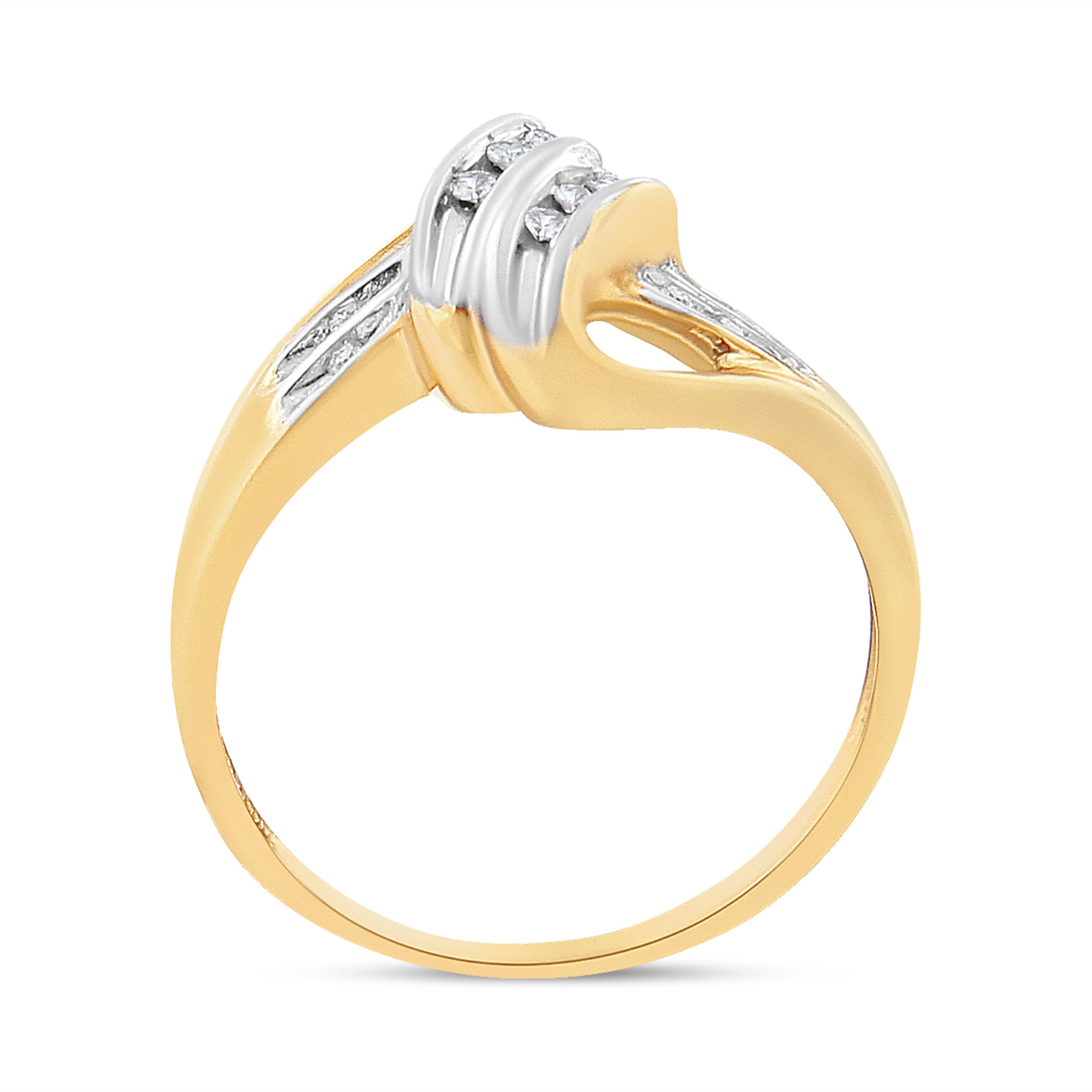 Round Cut 10K Yellow and White Gold 1/15 Carat Round-Cut Diamond Bypass Ring- Size 7 For Sale