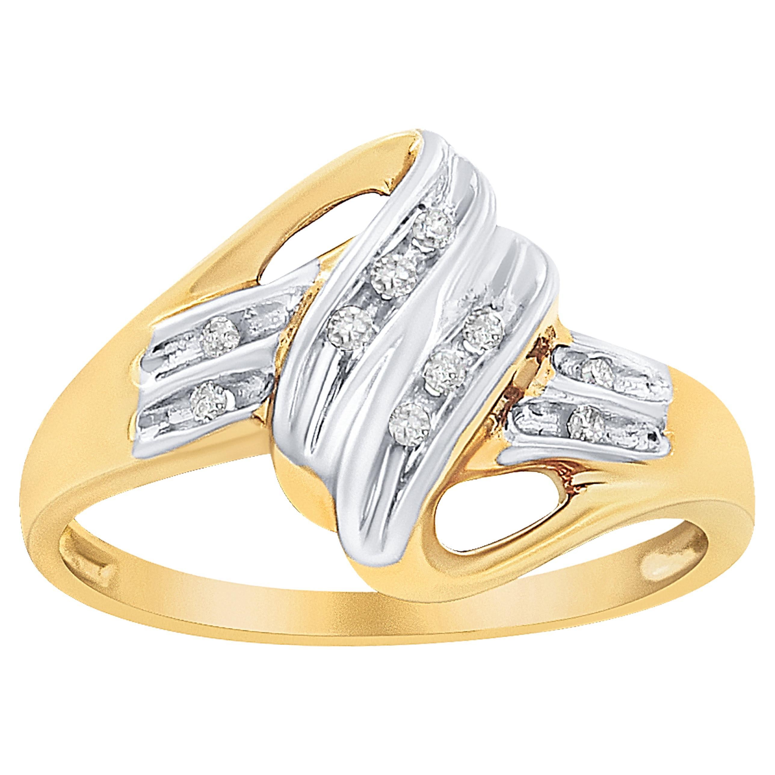 10K Yellow and White Gold 1/15 Carat Round-Cut Diamond Bypass Ring- Size 7 For Sale