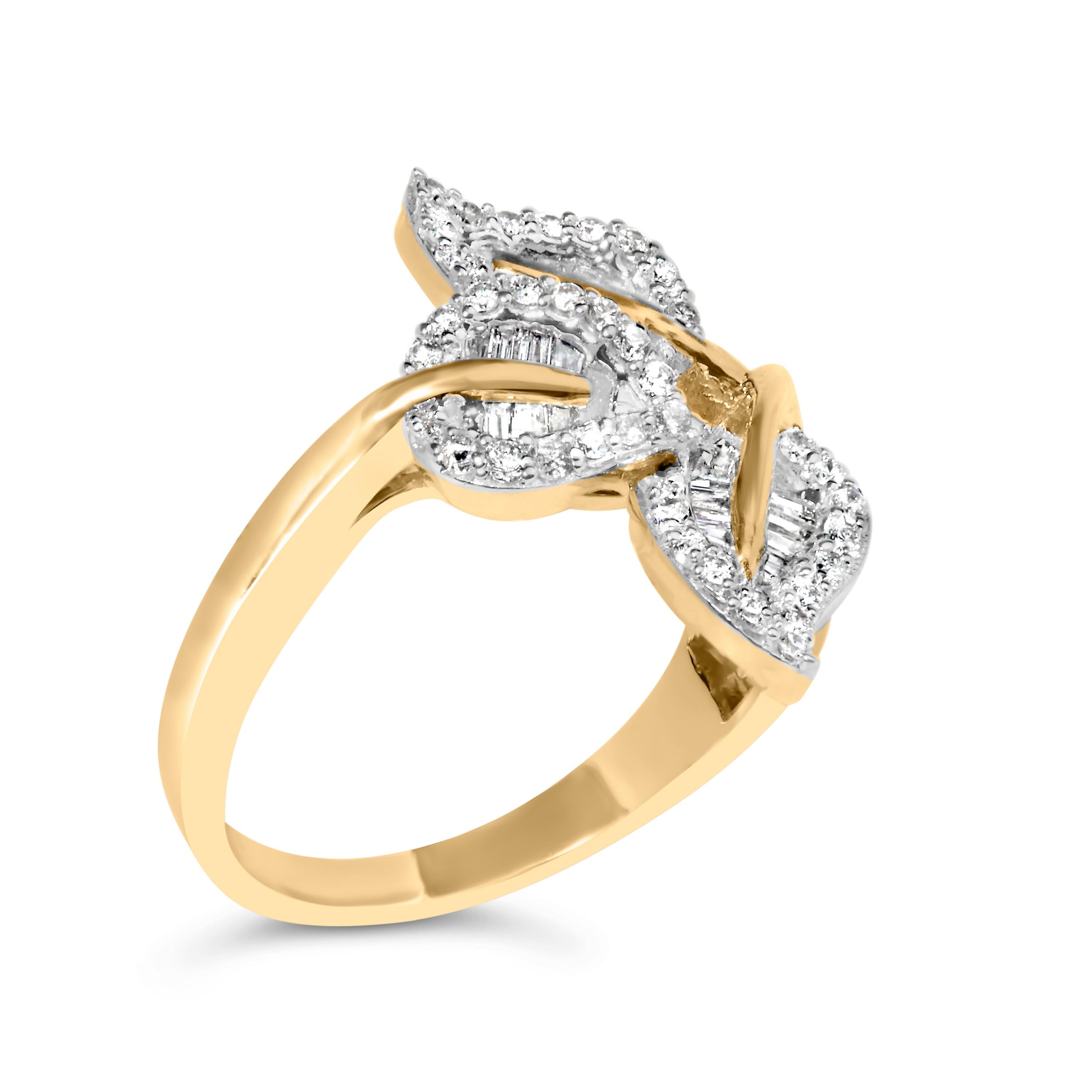 This stunning nature inspired ring design is perfect for everyday wear. Crafted from 10k yellow gold, this design features 3/8ct TDW of natural round and baguette diamonds. A warm yellow gold ring band holds as its centerpiece a trio of diamond