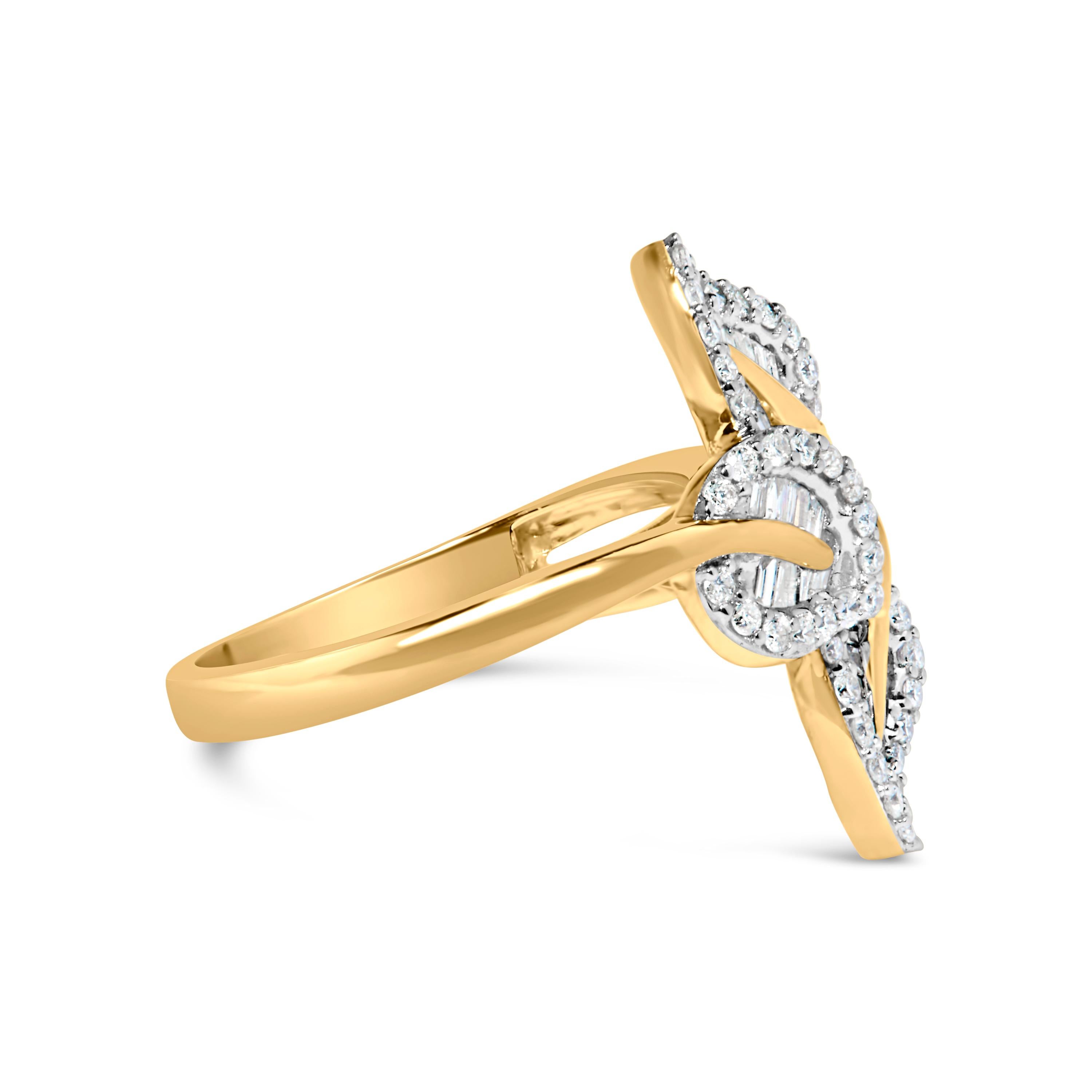 Modern 10k Yellow and White Gold 1/2 Carat Baguette Diamond Bypass Triple Leaf Ring For Sale