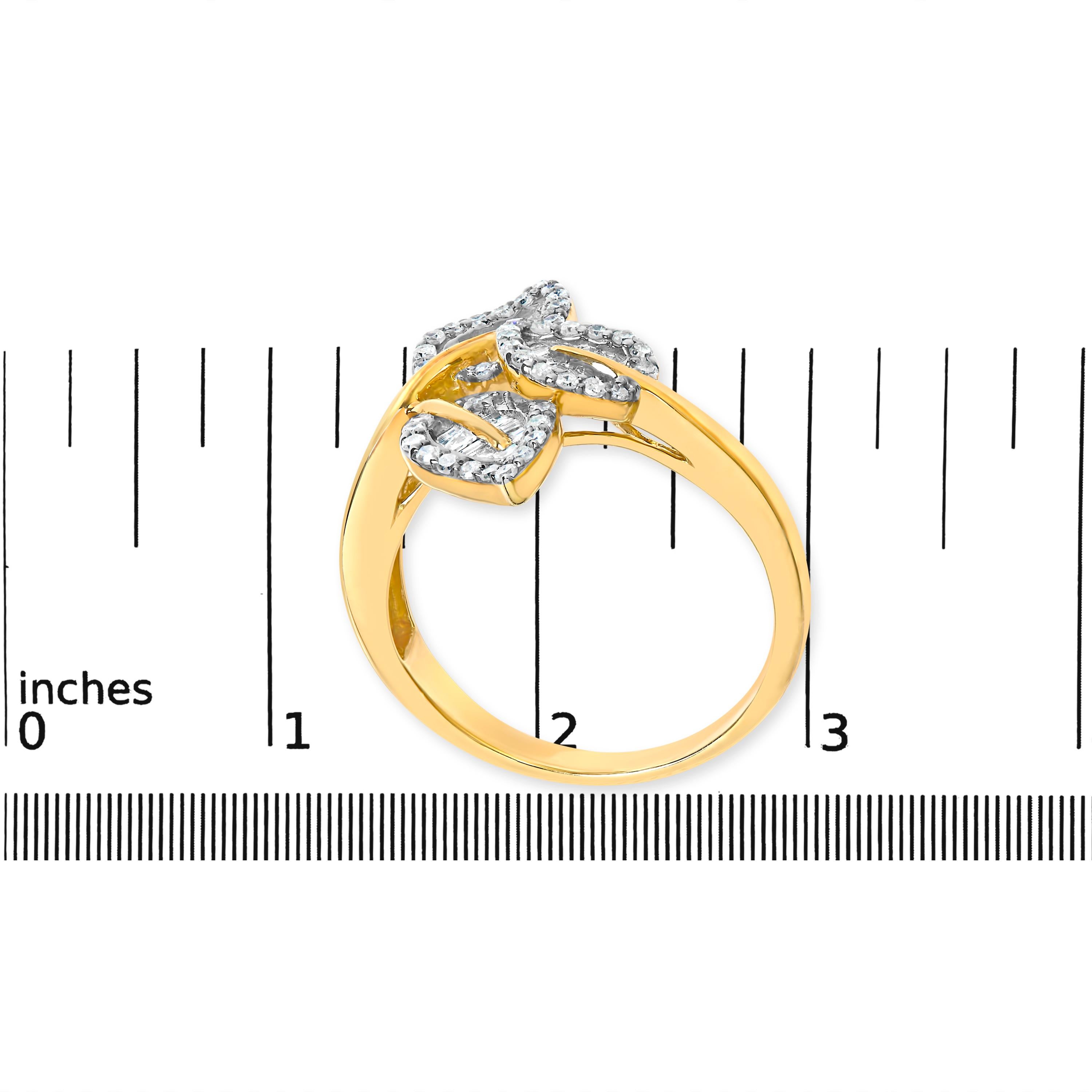 Women's 10k Yellow and White Gold 1/2 Carat Baguette Diamond Bypass Triple Leaf Ring For Sale
