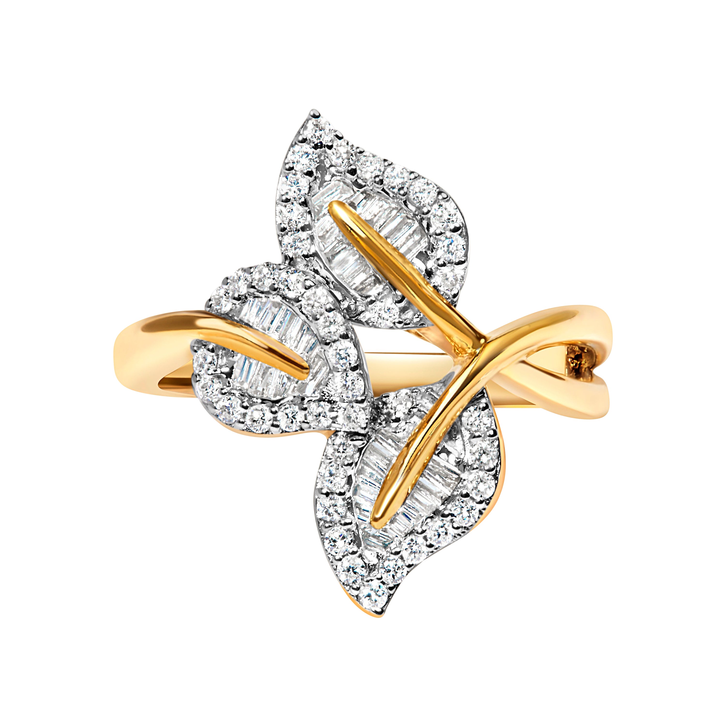 10k Yellow and White Gold 1/2 Carat Baguette Diamond Bypass Triple Leaf Ring For Sale