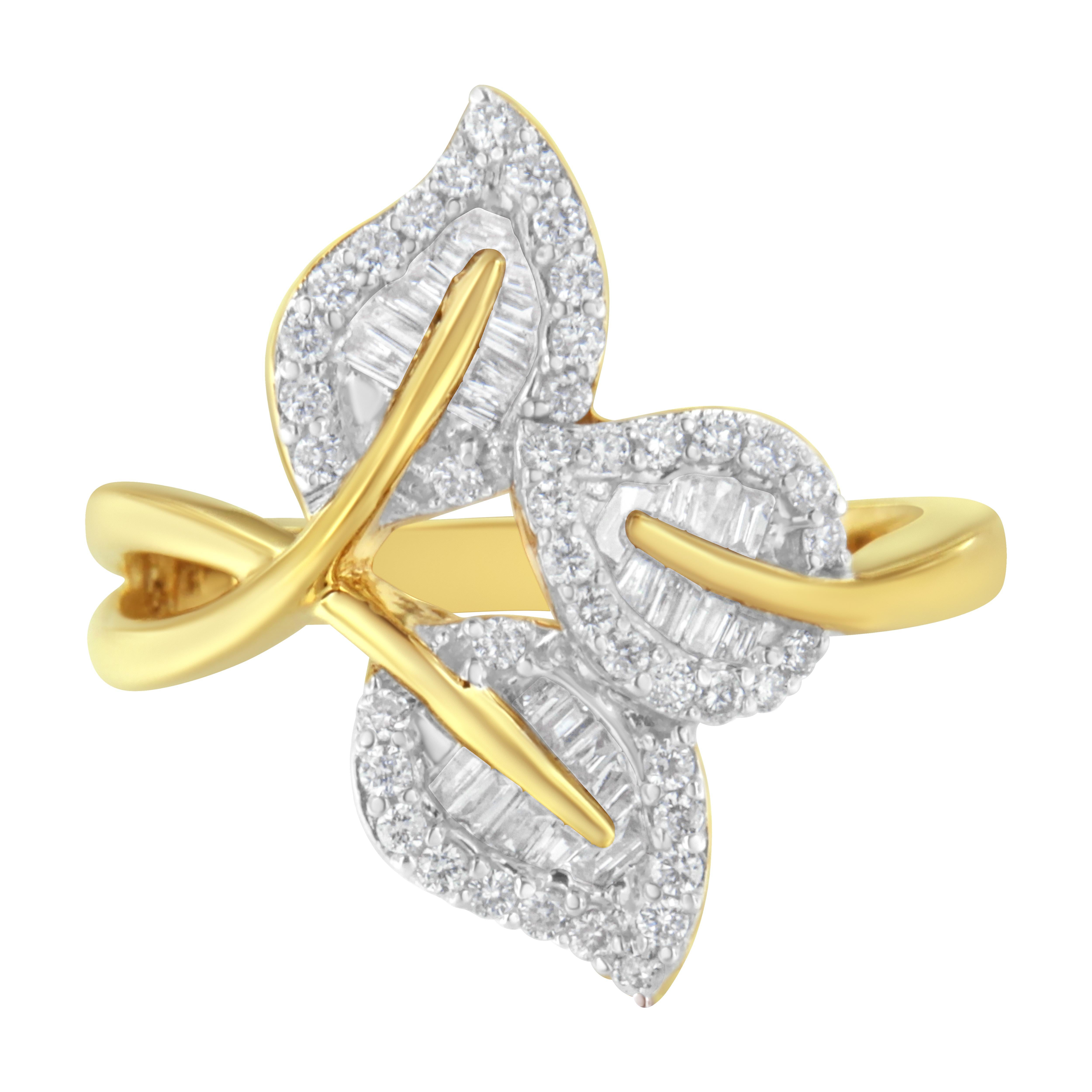 This stunning nature inspired ring design is perfect for everyday wear. Crafted from 10k yellow gold, this design features 1/2ct TDW of natural round and baguette diamonds. A warm yellow gold ring band holds as its centerpiece a trio of diamond