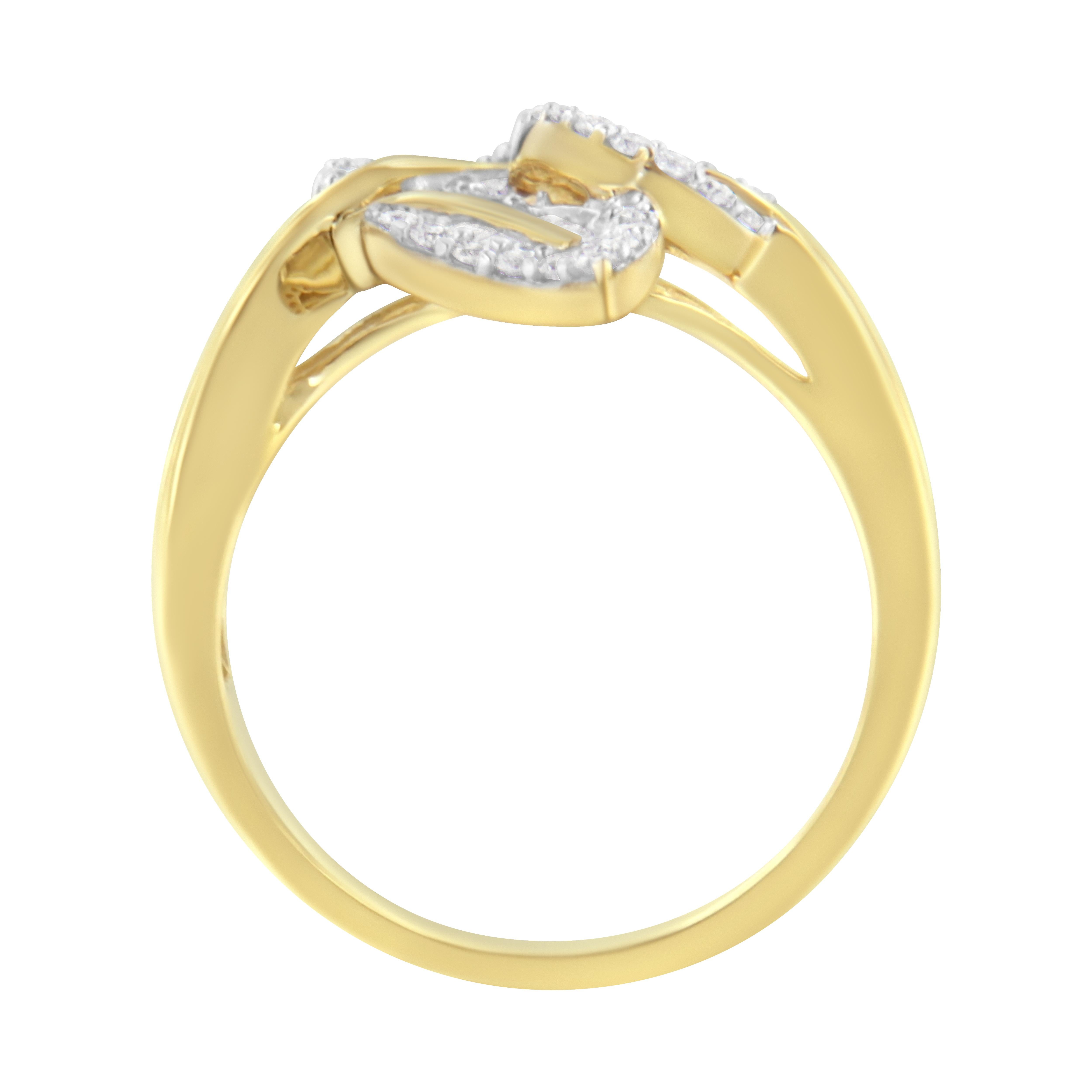 Round Cut 10k Yellow and White Gold 1/2 Carat Diamond Bypass Triple Leaf Ring For Sale