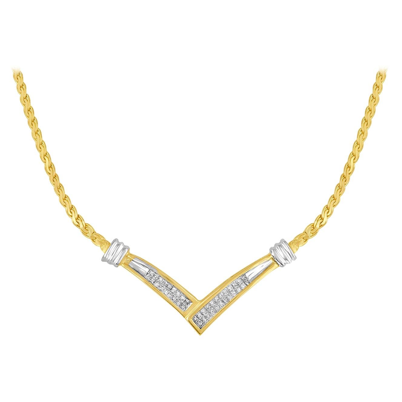 10k Yellow and White Gold Diamond "V" Shape Necklace