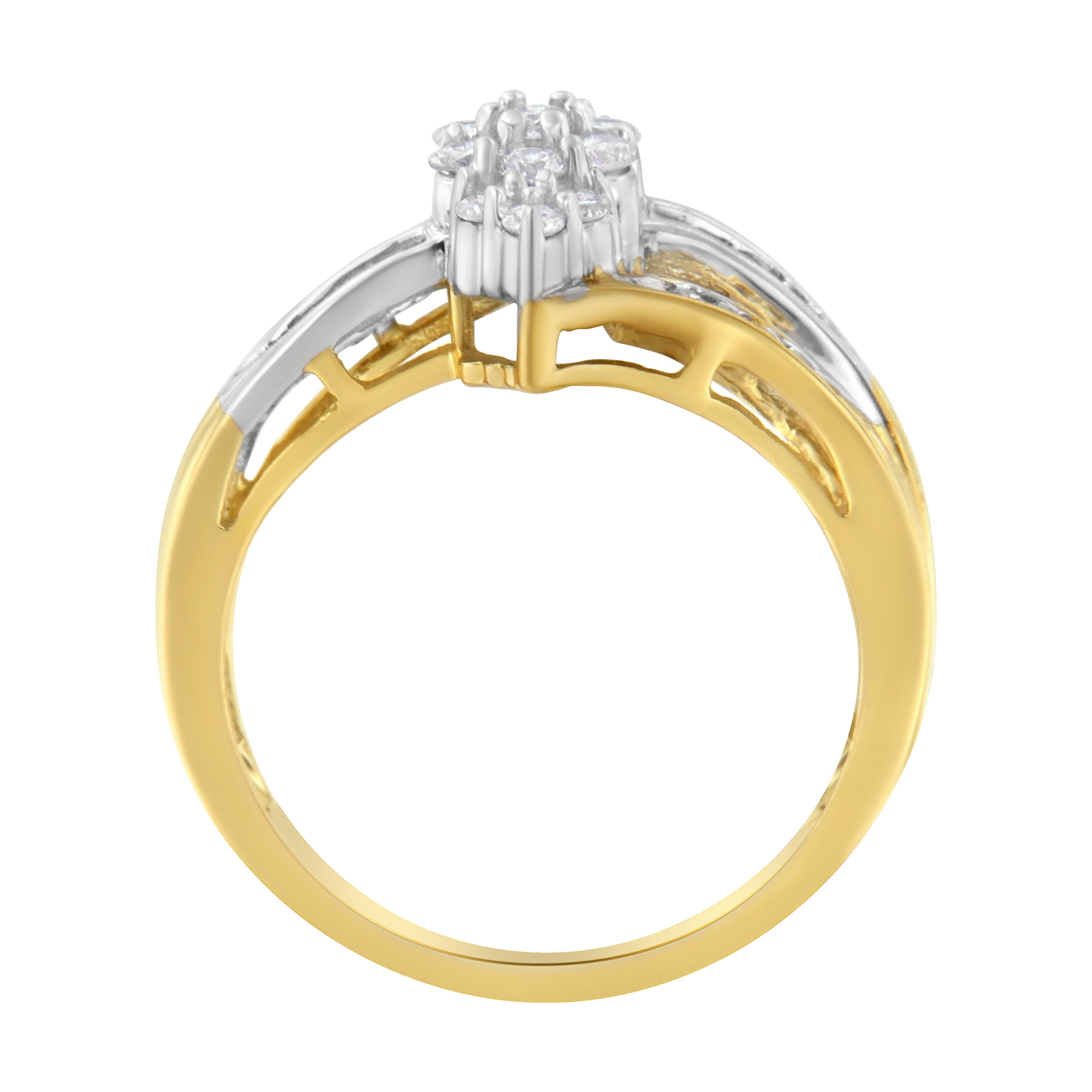 Modern 10K Yellow and White Gold 1/2ct Diamond Marquise Shaped Cluster Split Shank Ring For Sale