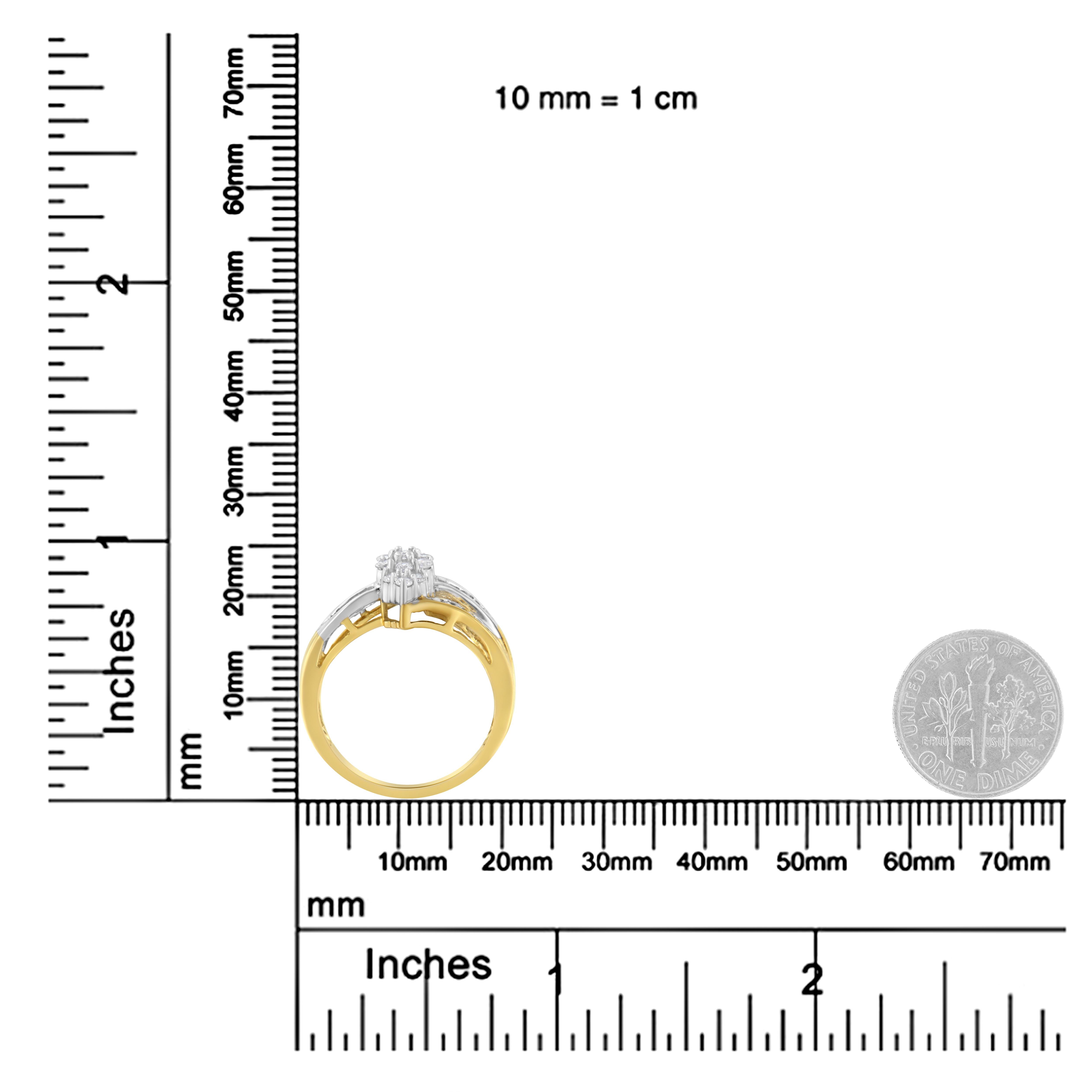 10K Yellow and White Gold 1/2ct Diamond Marquise Shaped Cluster Split Shank Ring In New Condition For Sale In New York, NY