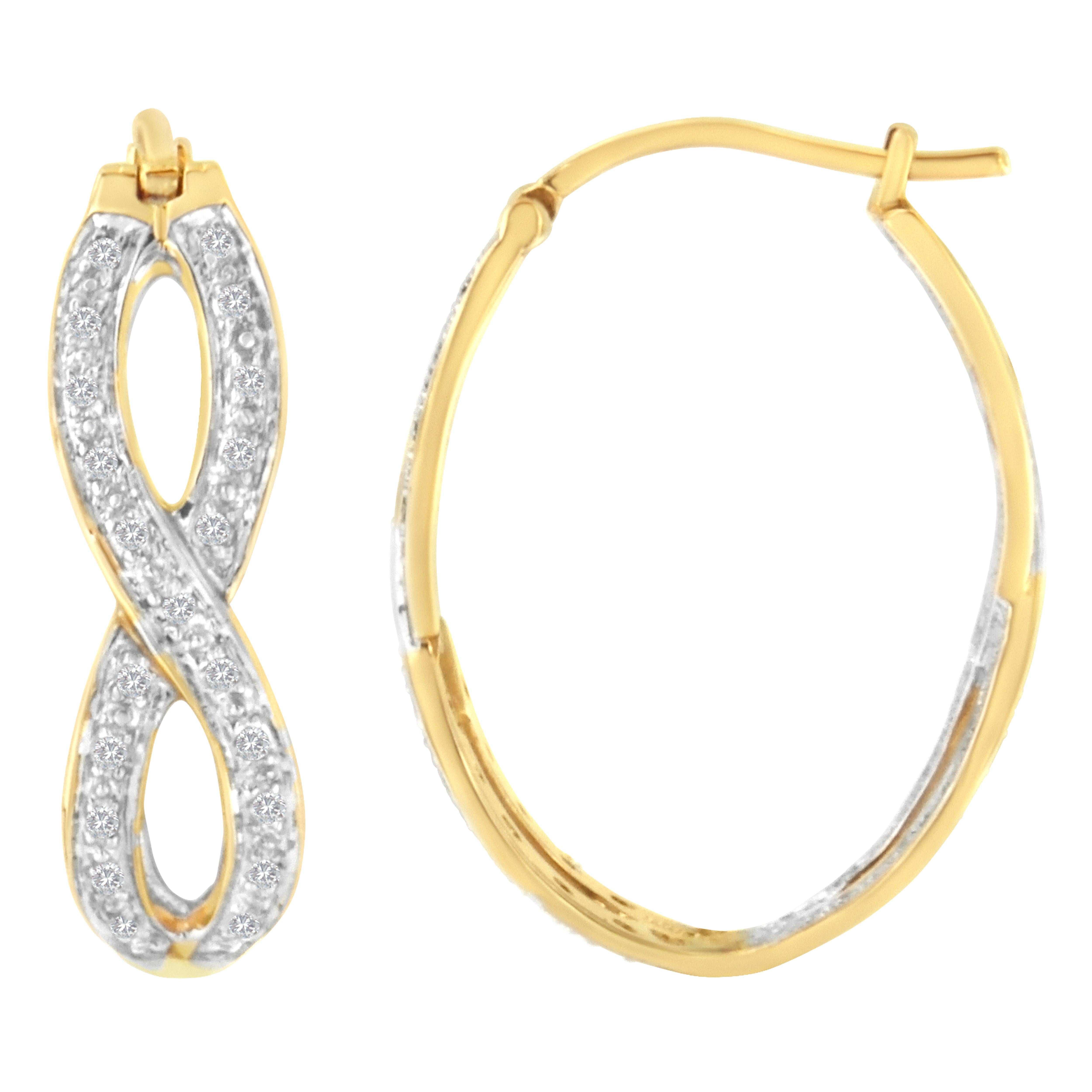 These beautiful 10k yellow and white gold hoop earrings showcase a 1/4 ct of natural diamonds. The earrings are designed in the shape of two infinity motifs and is created with an inner layer of white gold and an outer layer of yellow gold. The