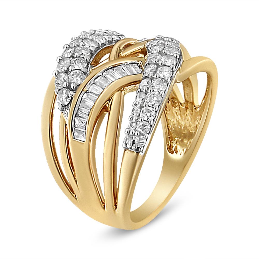 Contemporary 10K Yellow and White Gold 1.0 Carat Diamond Multirow Interwoven Cocktail Ring For Sale