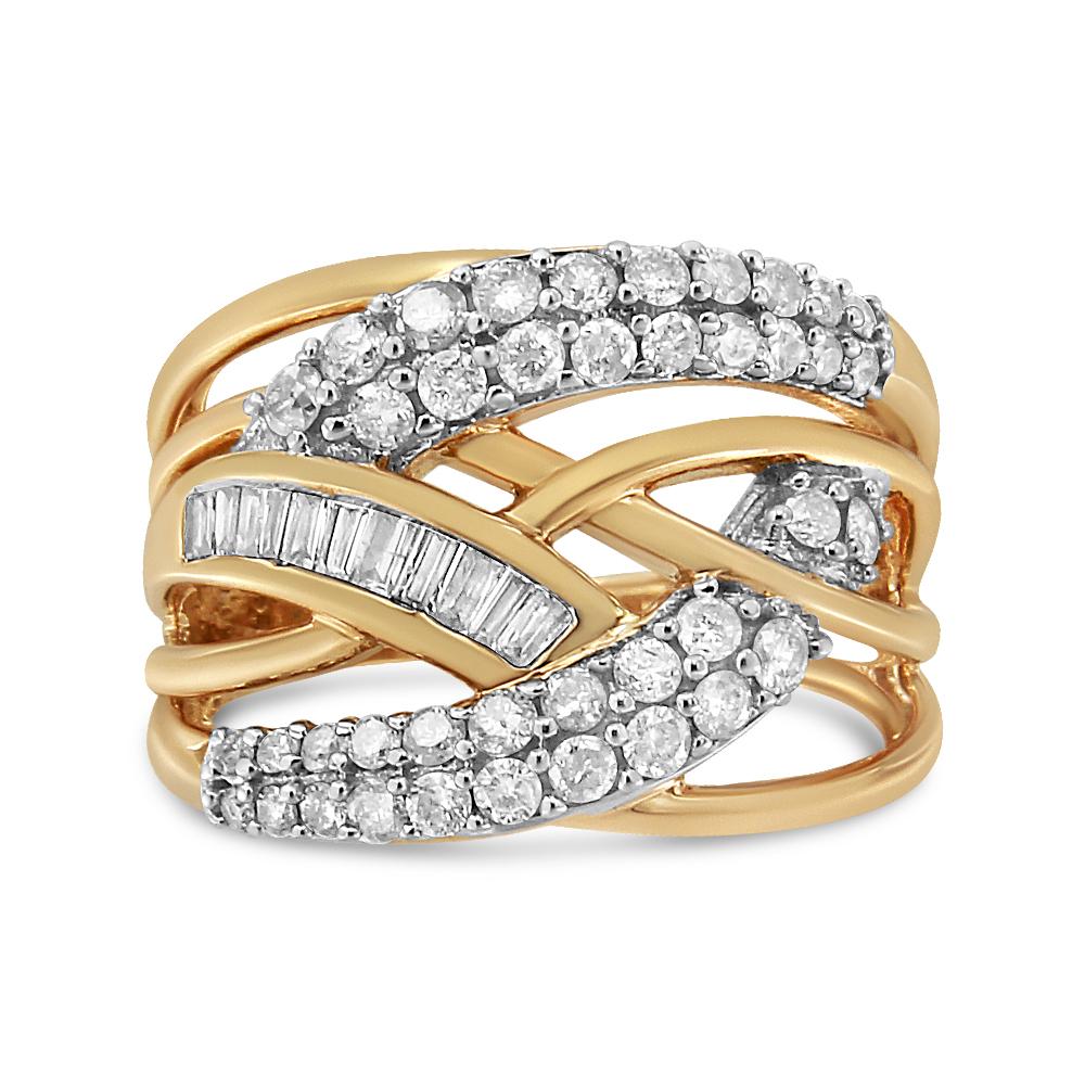 Round Cut 10K Yellow and White Gold 1.0 Carat Diamond Multirow Interwoven Cocktail Ring For Sale