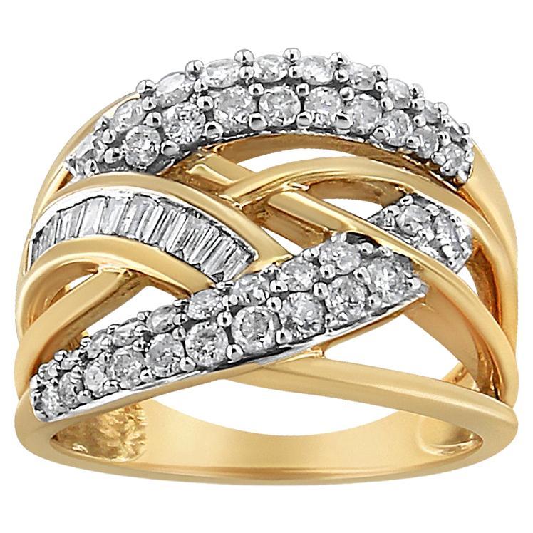 10K Yellow and White Gold 1.0 Carat Diamond Multirow Interwoven Cocktail Ring