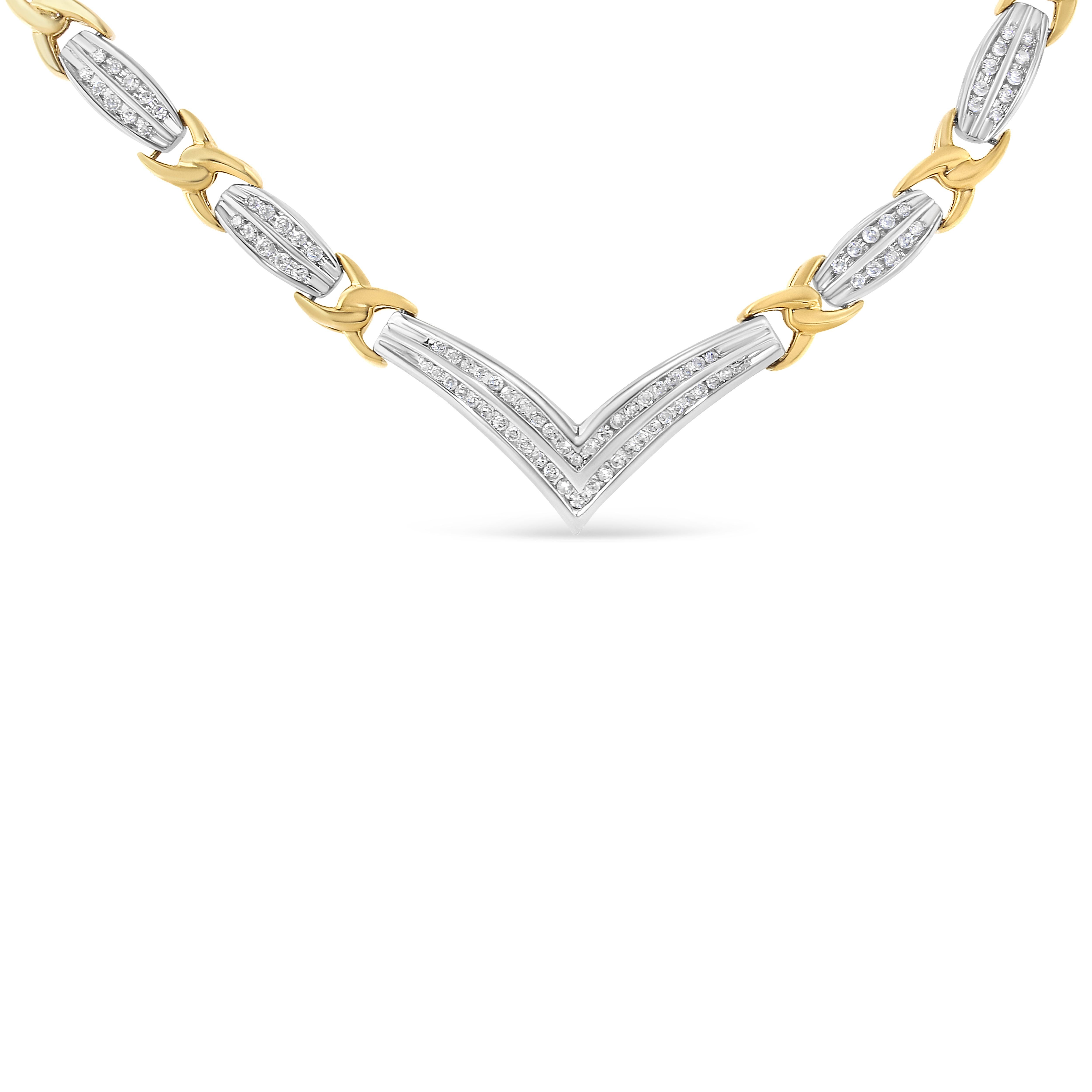 Surprise her by presenting this beautiful neck piece. This elegant piece is crafted from alluring weaves of 14k white and yellow gold. Formed in an elegant V shape, the necklace is set with alternating segments of yellow gold 