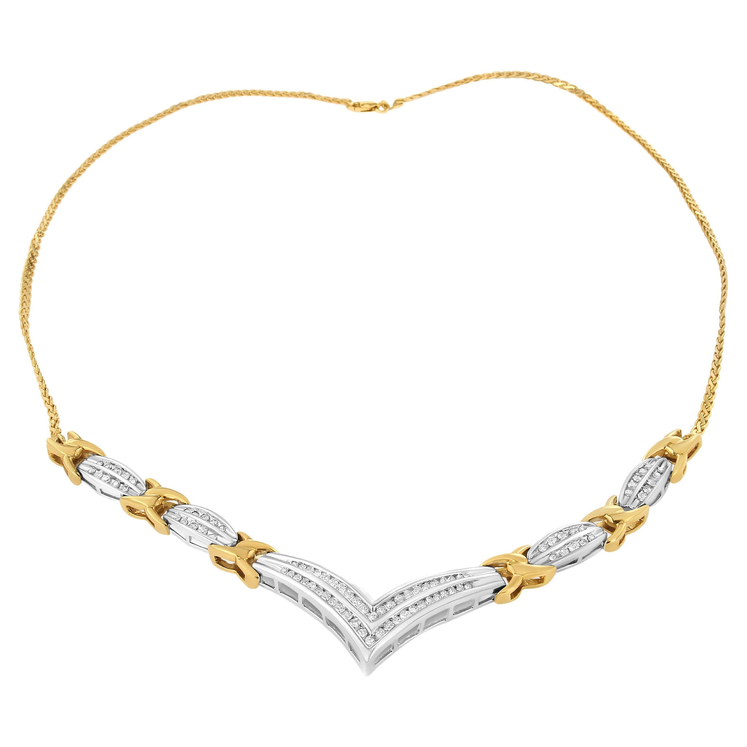 10K Yellow and White Gold 1.0 Carat Diamond "V" Shape Statement Necklace For Sale