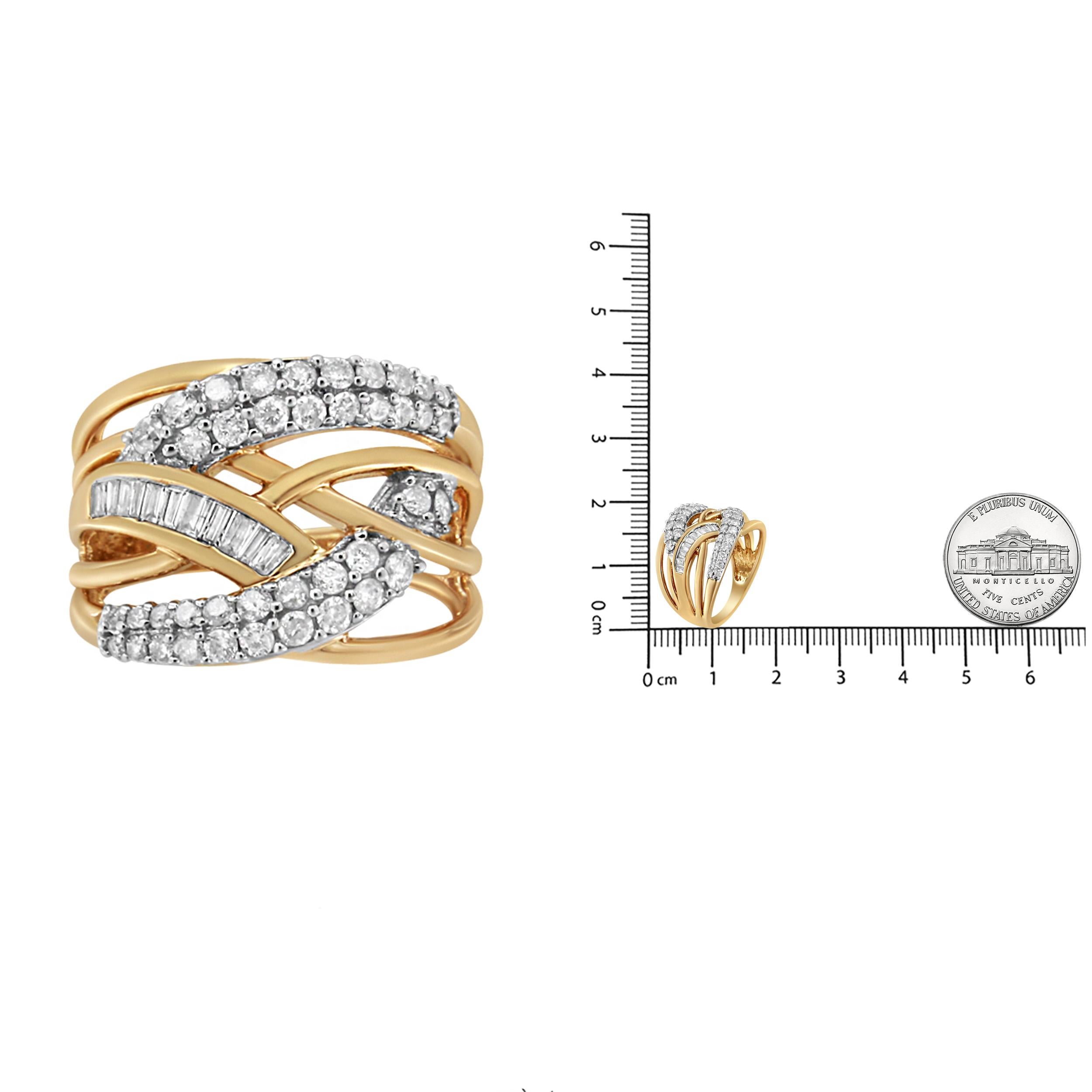 Intricately designed, this bold cocktail ring has a band woven together with sparkling 10k yellow gold to create an eye-catching cross bypass look. The yellow gold is embellished with natural round and baguette-cut diamonds. The stones are