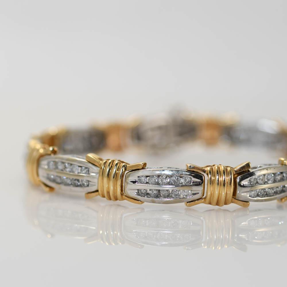 Taille ronde Bracelet à maillons 6,5'' en or jaune et blanc 10K avec 1,0ct de diamant en vente