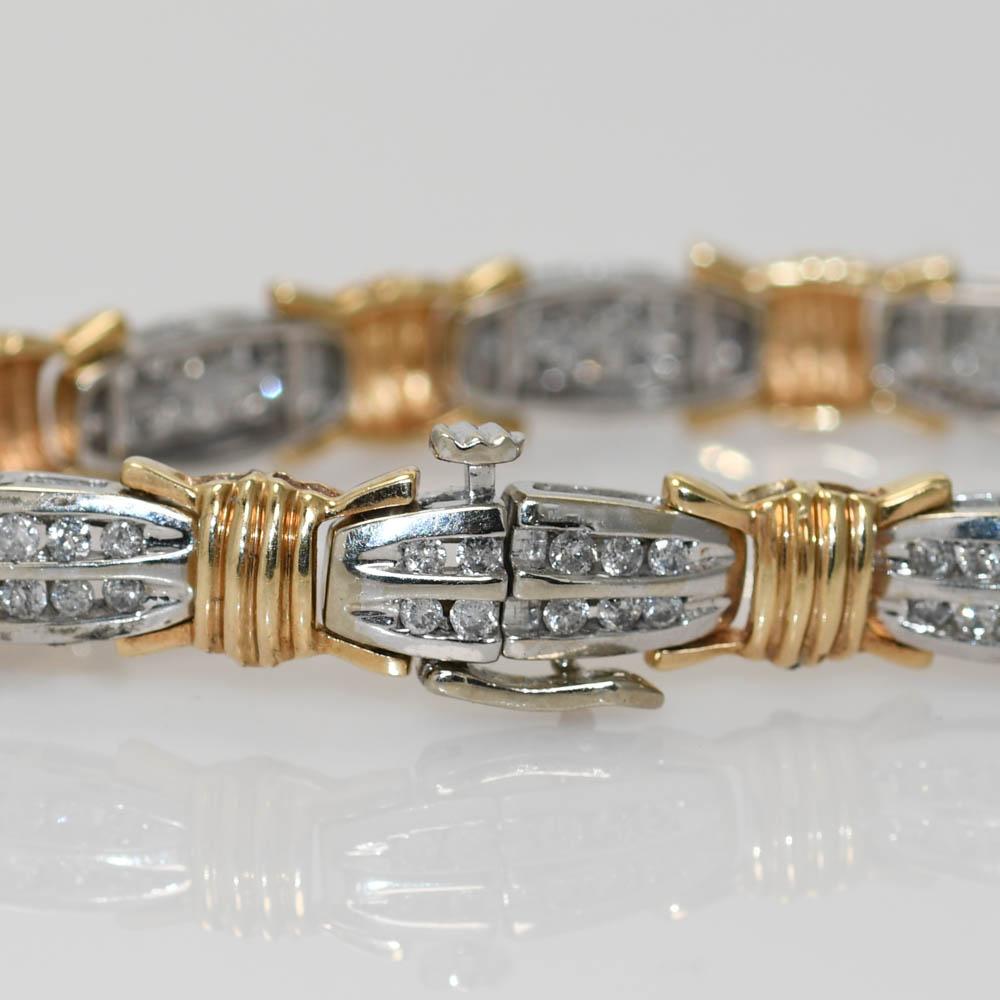 Round Cut 10K Yellow and White Gold 1.0ct Diamond 6.5'' Link Bracelet For Sale