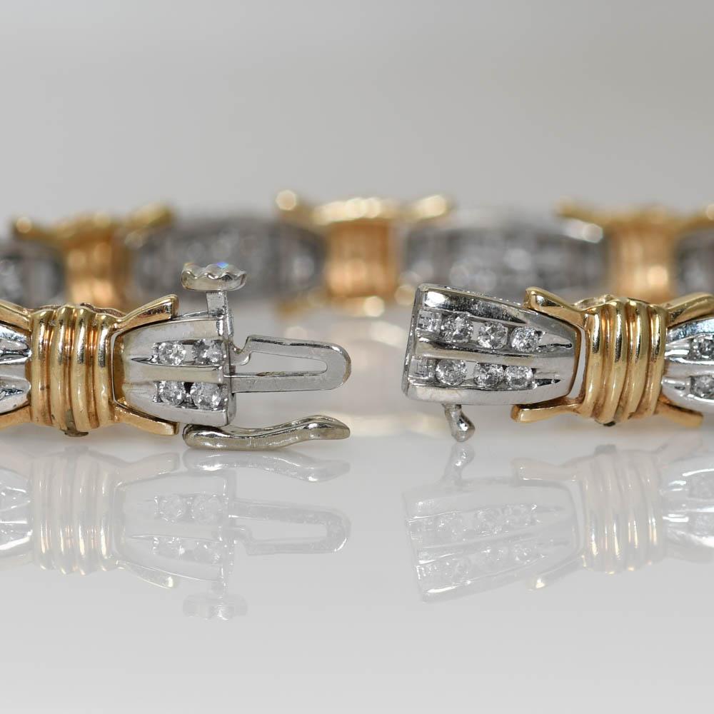 10K Yellow and White Gold 1.0ct Diamond 6.5'' Link Bracelet In Excellent Condition For Sale In Laguna Beach, CA