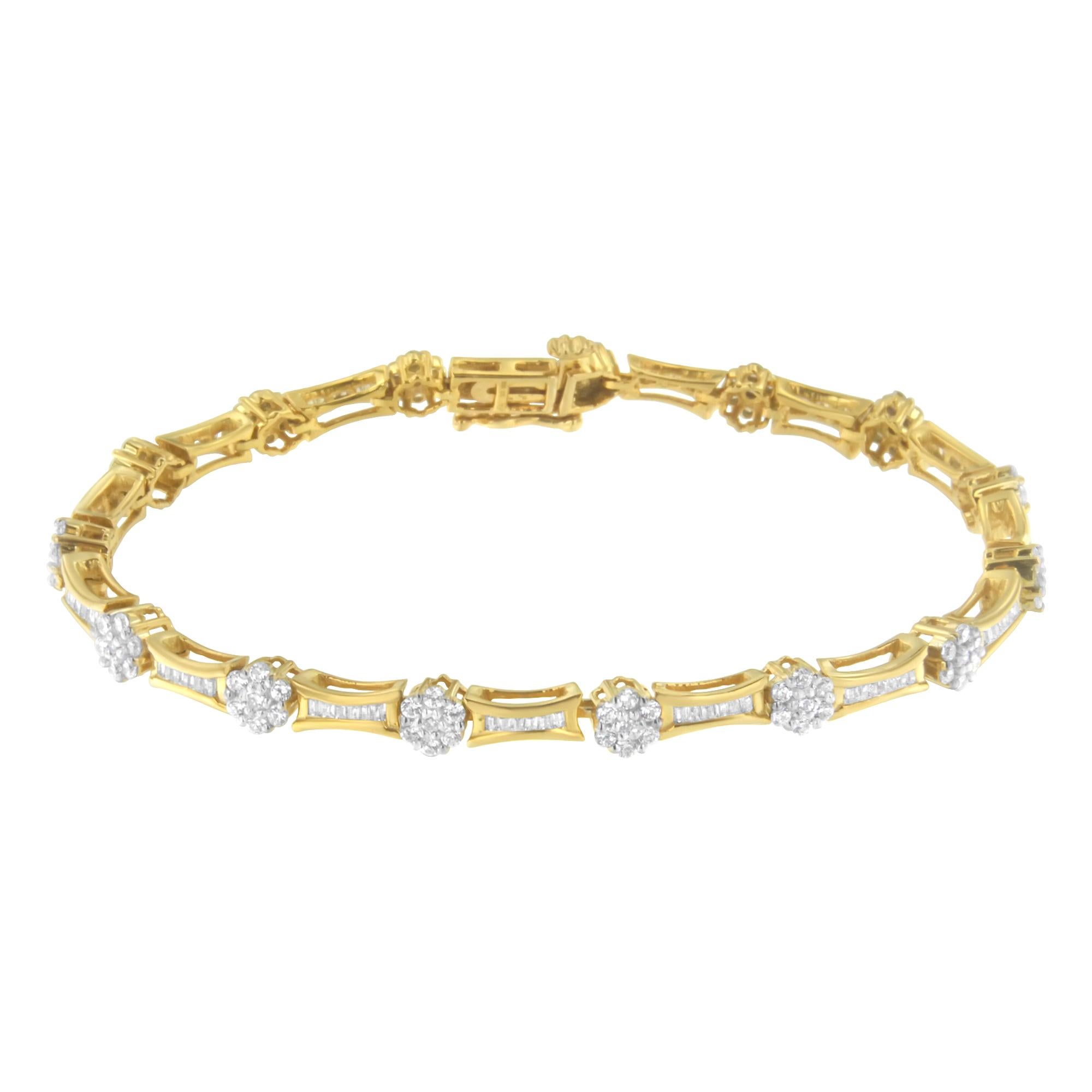 The shimmering round cut diamond-embedded gold bracelet is the best gift for any occasion. Gift this to your special lady, be it you daughter, sister, wife, mother or girlfriend, on her special day and let her sparkle in joy. This elegant piece of