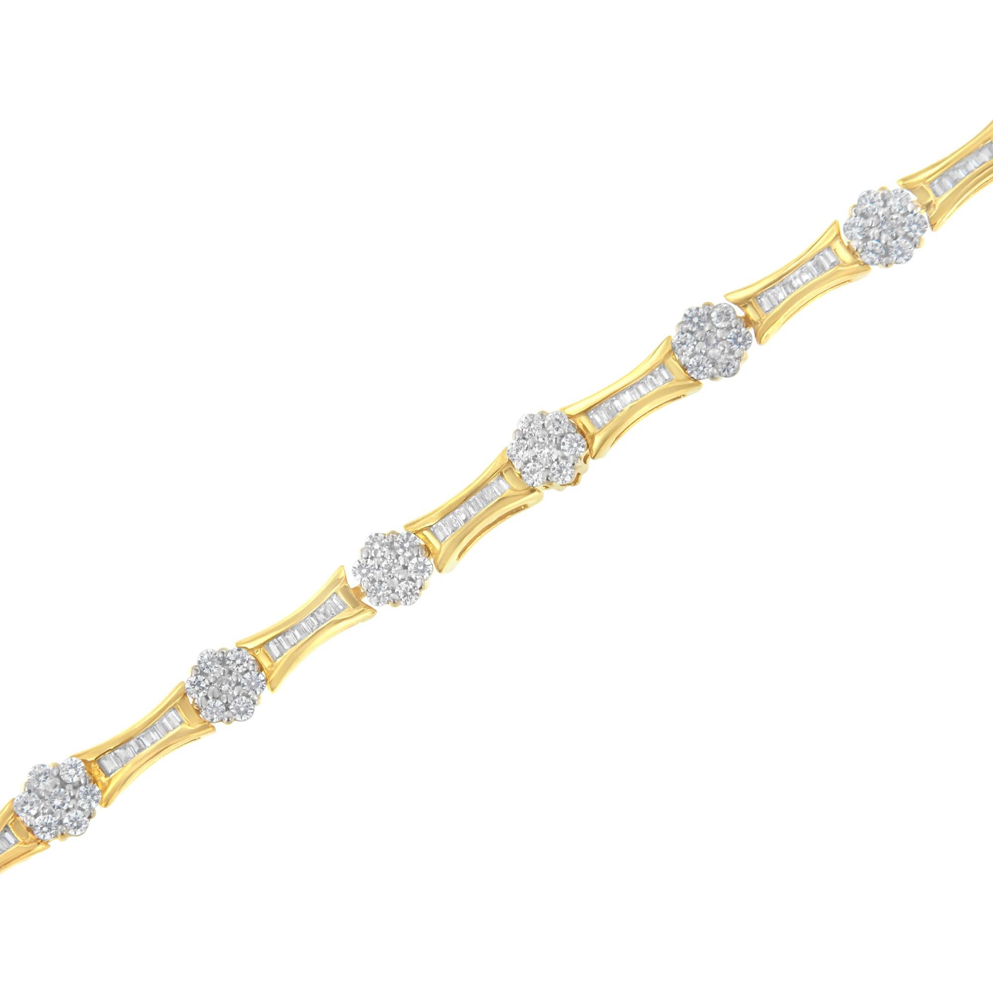 Baguette Cut 10K Yellow and White Gold 2.0 Carat Round and Baguette-Cut Diamond Link Bracelet For Sale