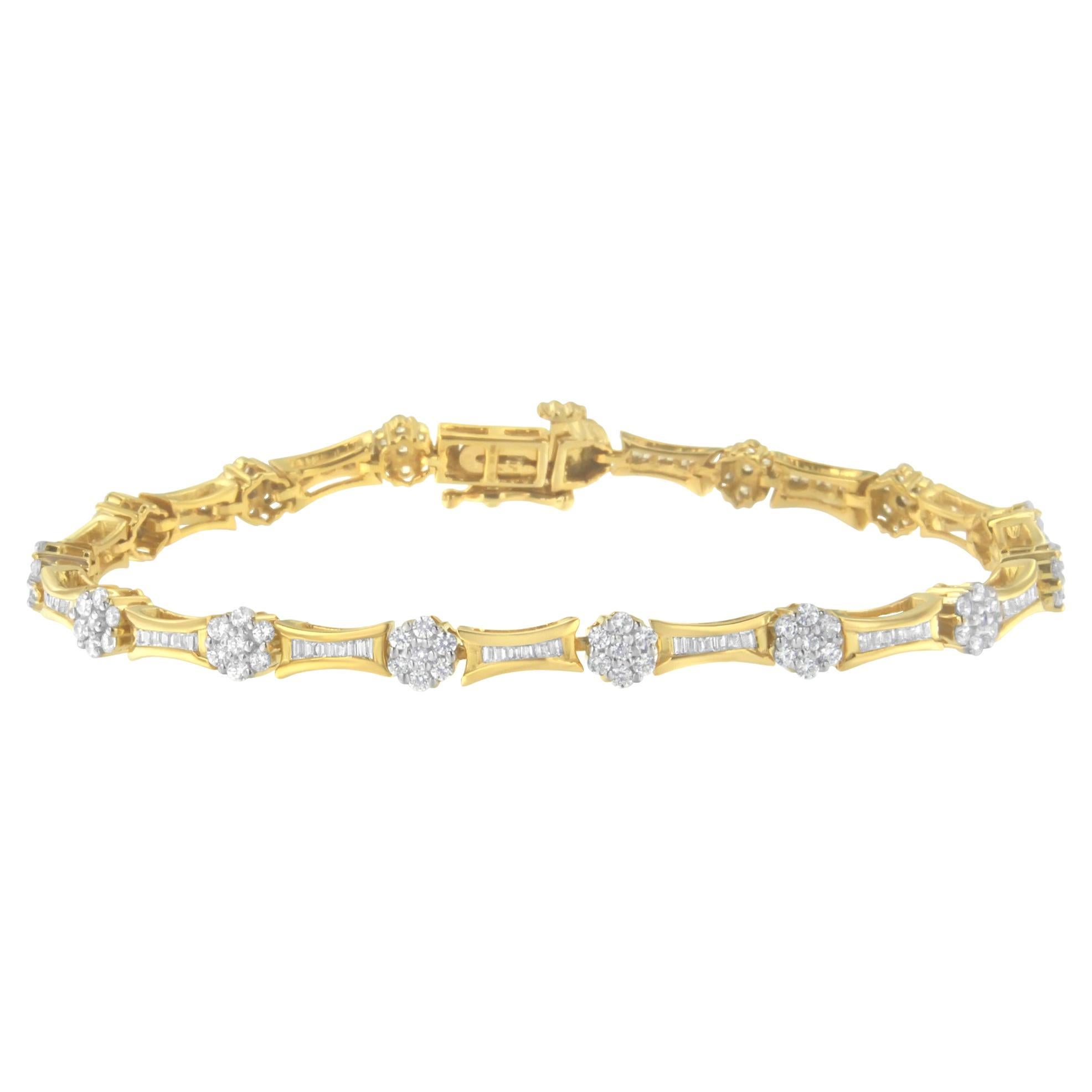 10K Yellow and White Gold 2.0 Carat Round and Baguette-Cut Diamond Link Bracelet For Sale