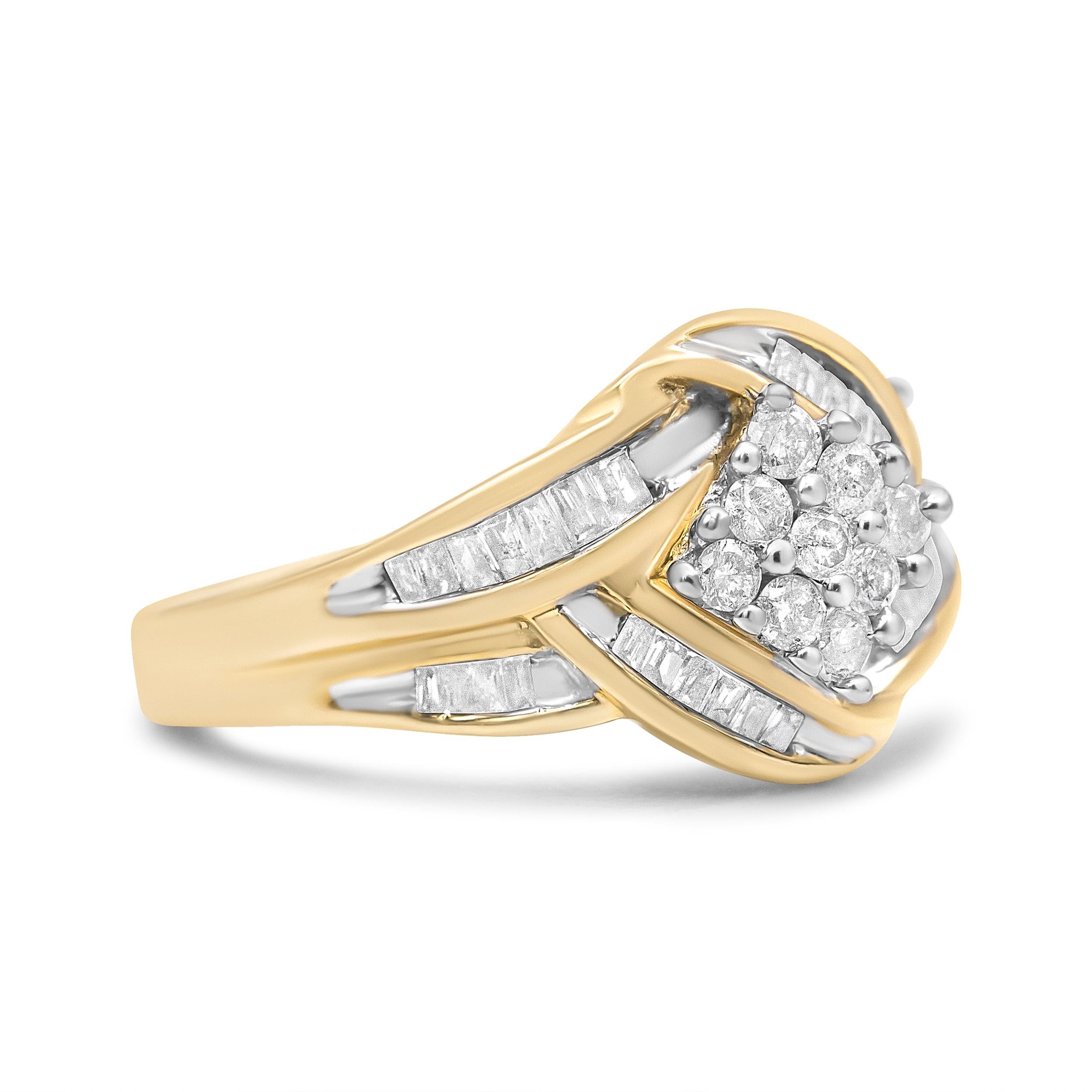 If you’re a fan of color juxtaposition, this piece of jewelry should be in your collection. A cluster ring that’s crafted in 10K yellow and white gold, the eye-catching bauble is embellished with 43 natural diamonds — totalling up to 3/4 cttw — that