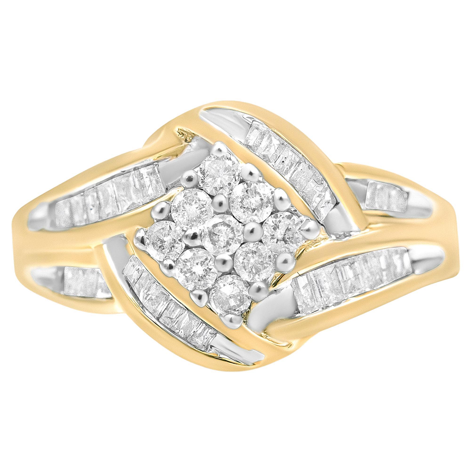 10K Yellow and White Gold 3/4 Carat Diamond Cluster and Swirl Ring For Sale