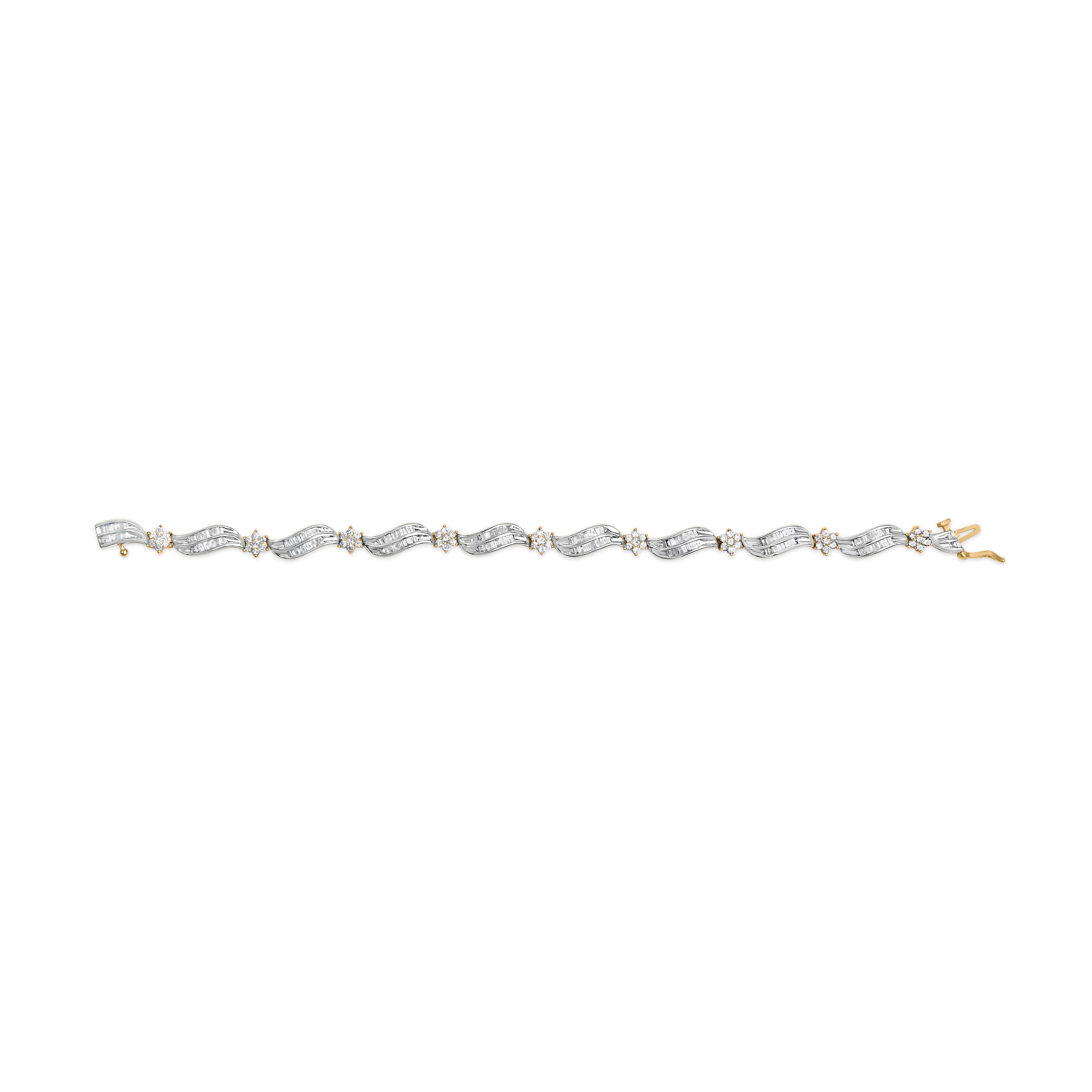 Baguette Cut 10K Yellow and White Gold 3.0 Carat Diamond Cluster and Wave Link Bracelet For Sale