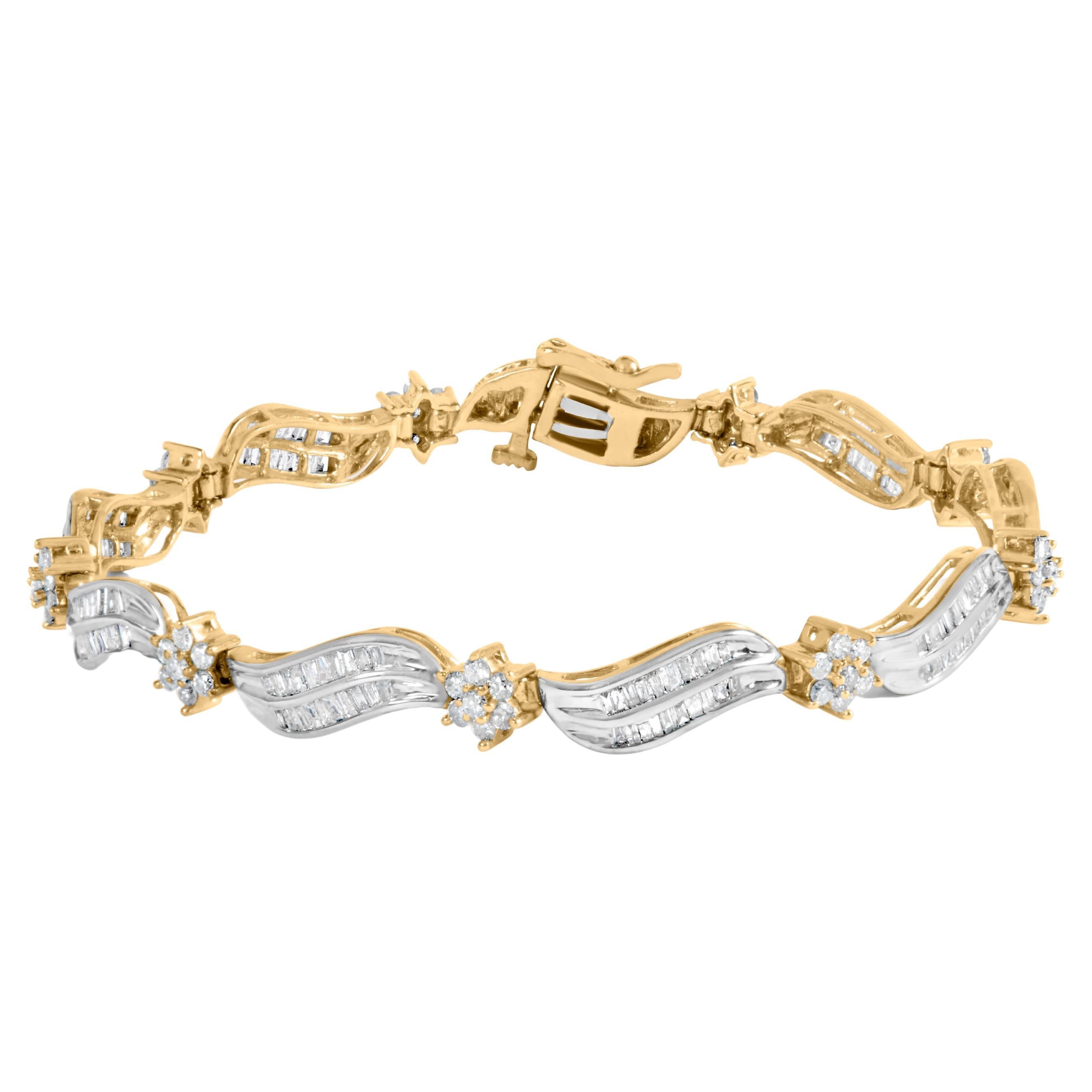 10K Yellow and White Gold 3.0 Carat Diamond Cluster and Wave Link Bracelet For Sale