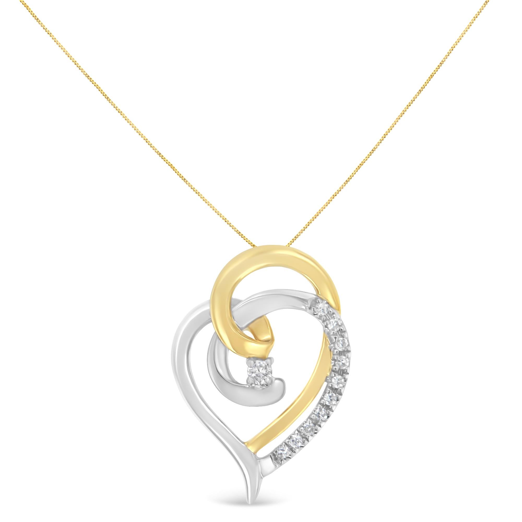 Here's a beautiful way to celebrate your love. With no shortage of flourishes, this loosely shaped heart pendant features swirls of white gold dotted with diamonds, and wrapped around a whimsical wave of yellow gold, cascading down to create a