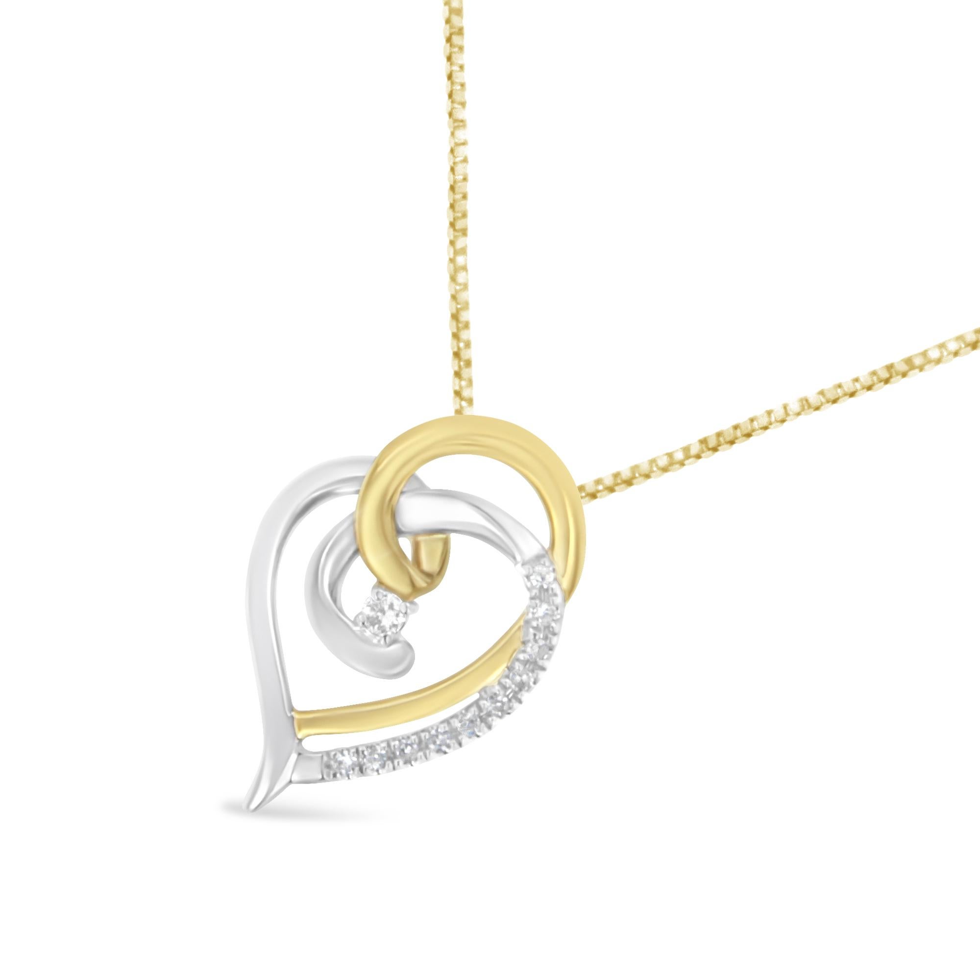 Modern 10k Yellow and White Gold Diamond Accent Open Double Heart Spiral Curl Pendant  For Sale