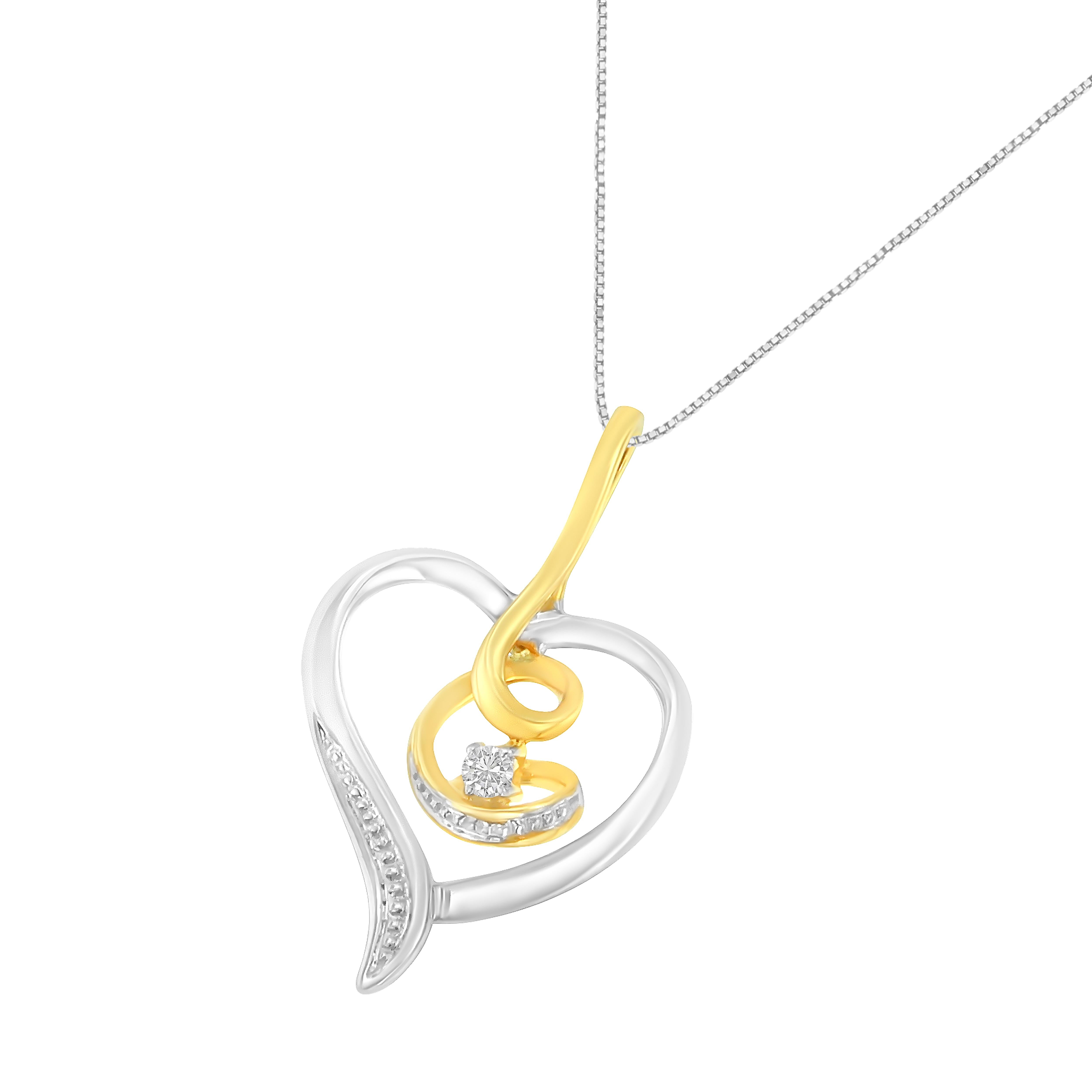 Round Cut 10k Yellow and White Gold Heart Diamond Accent Pendant Necklace For Sale