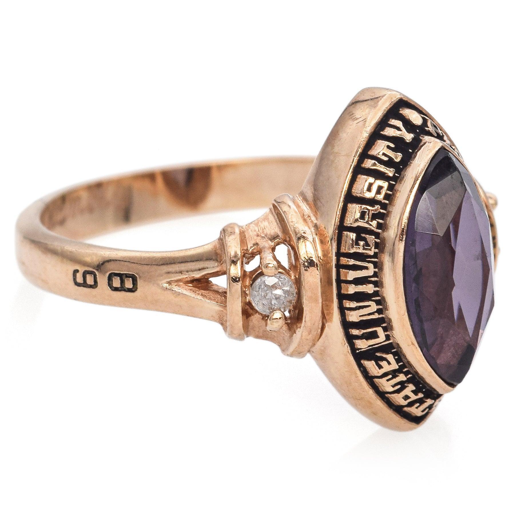 Women's 10k Yellow Gold 0.80ct Lab Amethyst, Diamond Penn State Univ. 1989 Class Ring For Sale