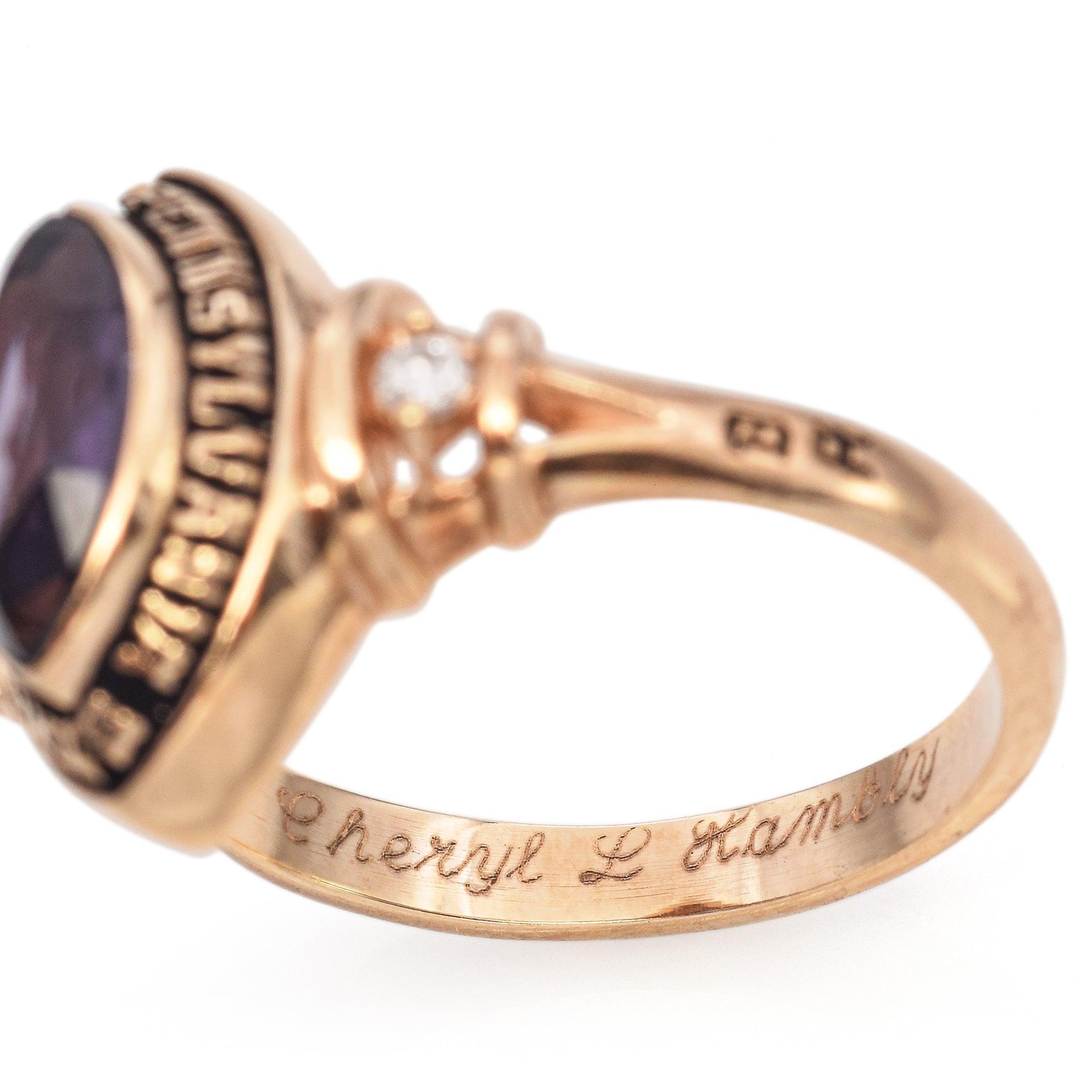 10k Yellow Gold 0.80ct Lab Amethyst, Diamond Penn State Univ. 1989 Class Ring For Sale 1