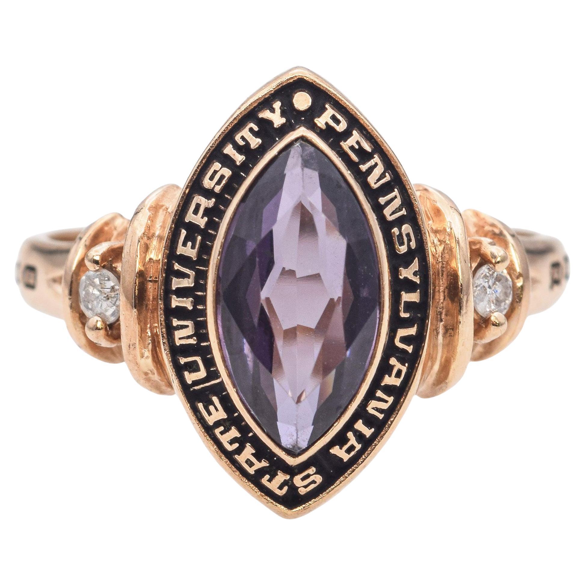10k Yellow Gold 0.80ct Lab Amethyst, Diamond Penn State Univ. 1989 Class Ring For Sale