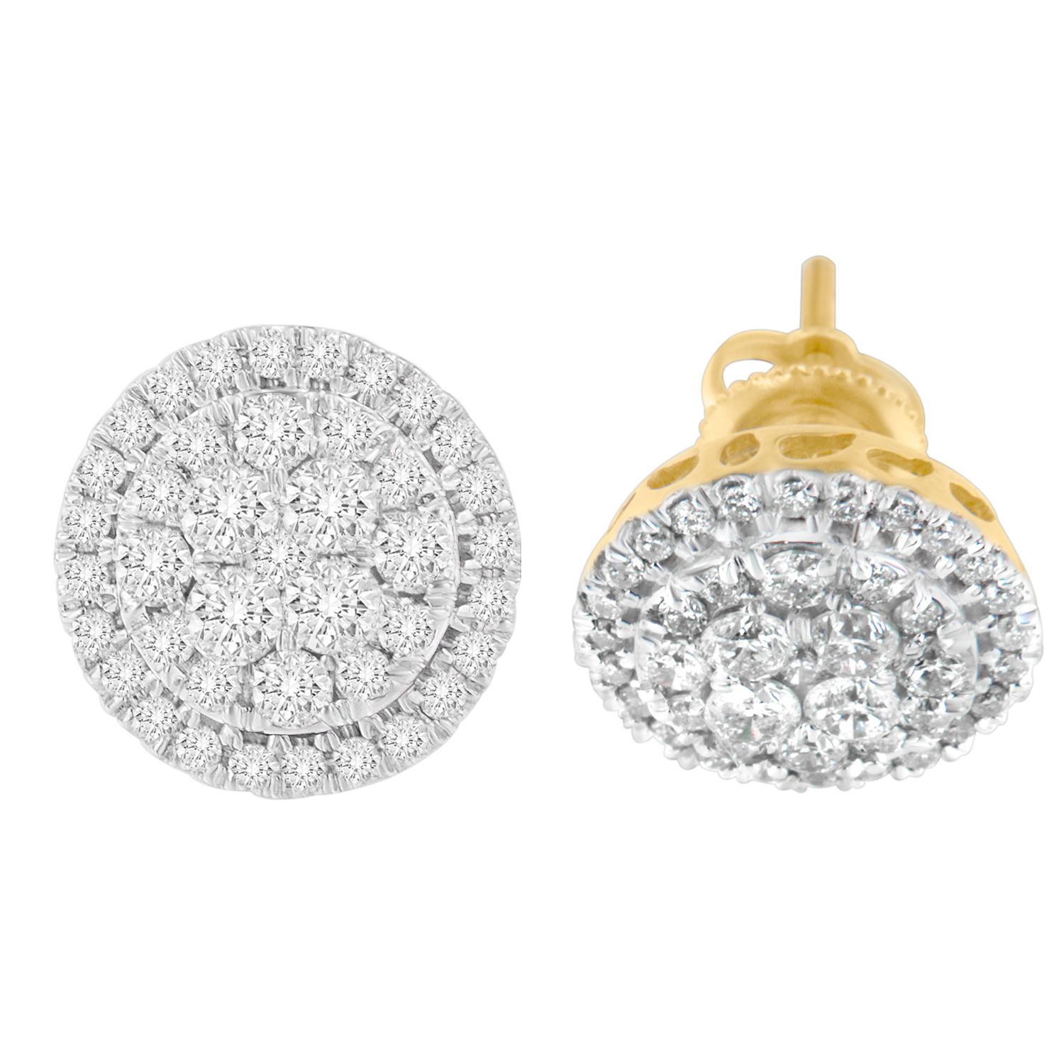Treat her look in a way that it says I will love you forever. These elegant diamond stud earrings make a stunning selection to adore her beauty. Created with ten karats yellow gold, the earrings are polished to shine high with grace. Fashioned in
