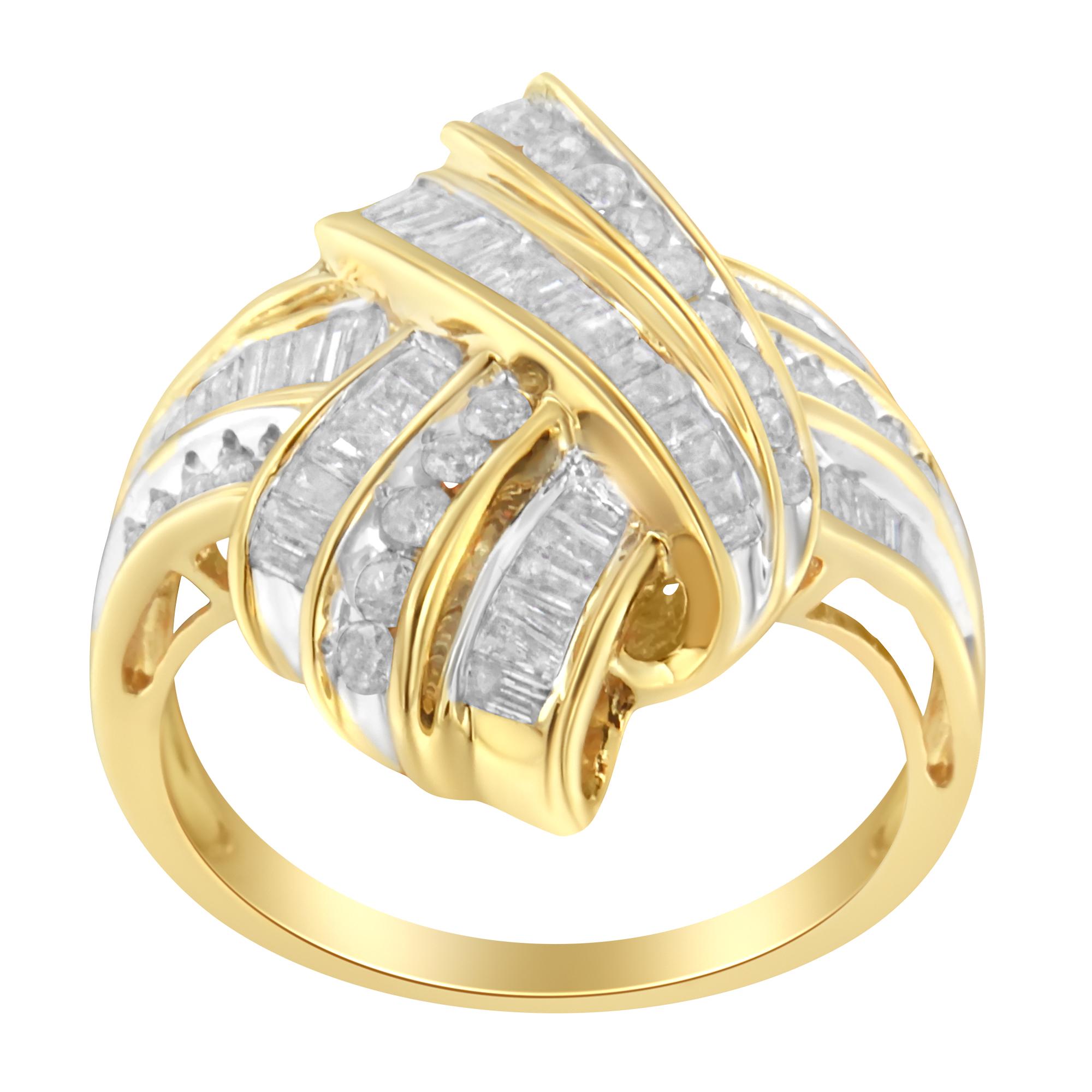 Round Cut 10K Yellow Gold 1 1/5 Cttw Diamond Bypass Cocktail Ring For Sale