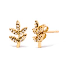 10K Yellow Gold 1/10 Carat Diamond Accented Leaf and Branch Stud Earrings
