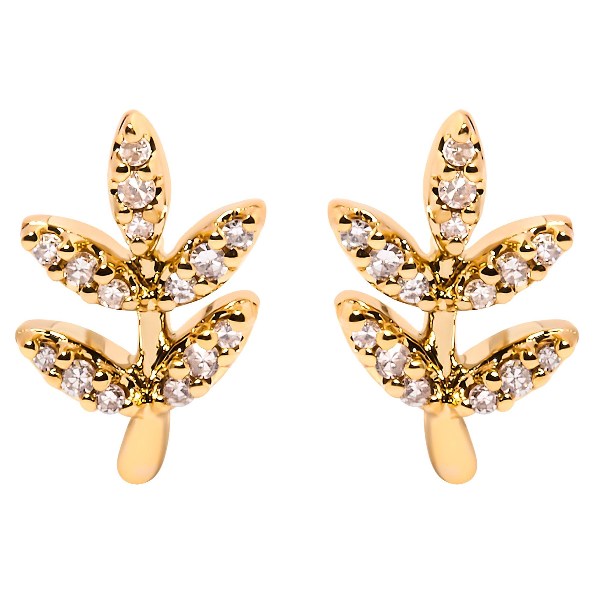 10K Yellow Gold 1/10 Carat Diamond Accented Leaf and Branch Stud Earrings For Sale