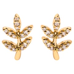 10K Yellow Gold 1/10 Carat Diamond Accented Leaf and Branch Stud Earrings