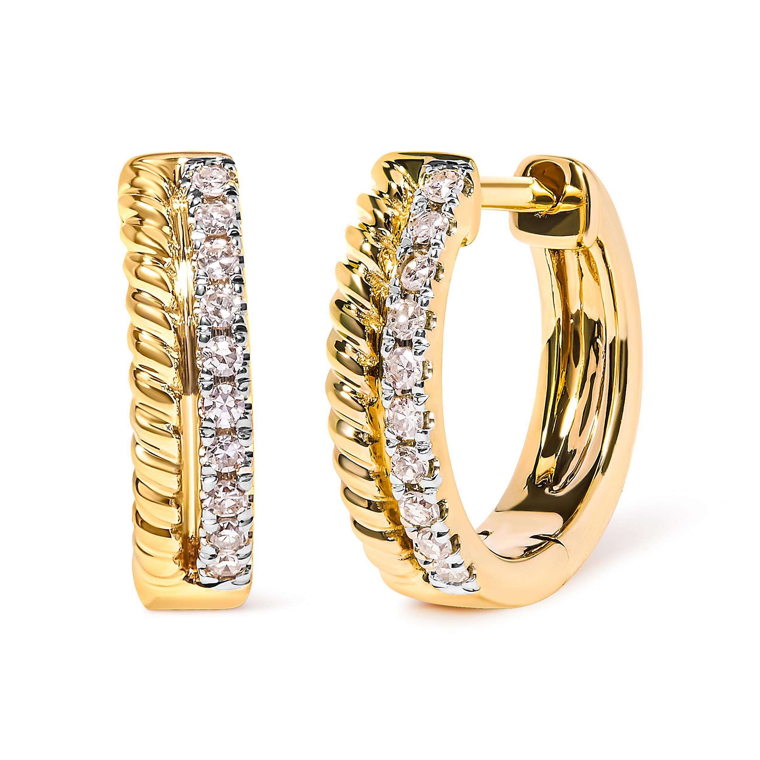 Introducing a dazzling masterpiece that will elevate your style to new heights. Crafted with utmost precision, these 10K Yellow Gold Huggy Hoop Earrings are adorned with a mesmerizing array of 20 natural round diamonds. The rope twist design adds a