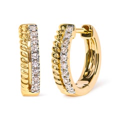 10K Yellow Gold 1/10 Carat Diamond and Rope Twist Huggy Hoop Earrings